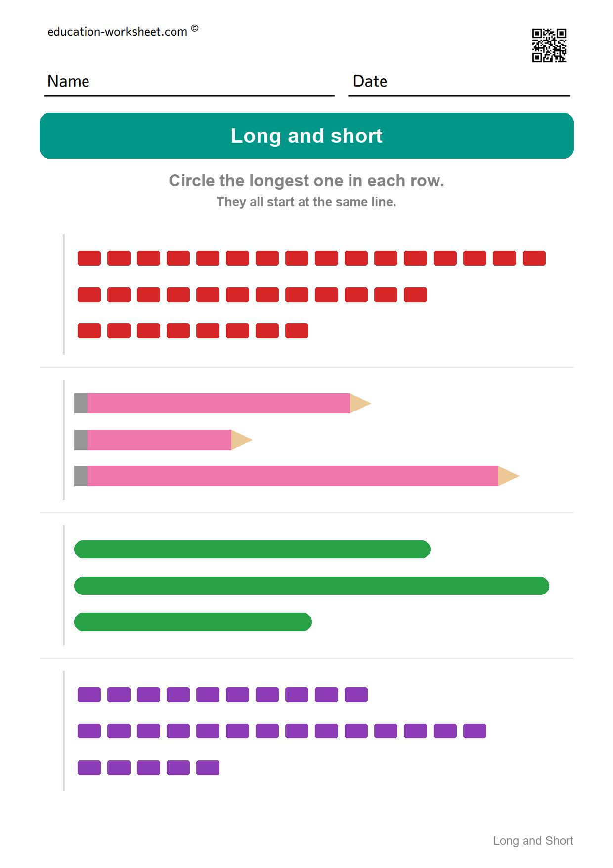 Circle the longest one (Set 6) - Free Long and Short Worksheets for Kindergarten - Compare Lengths