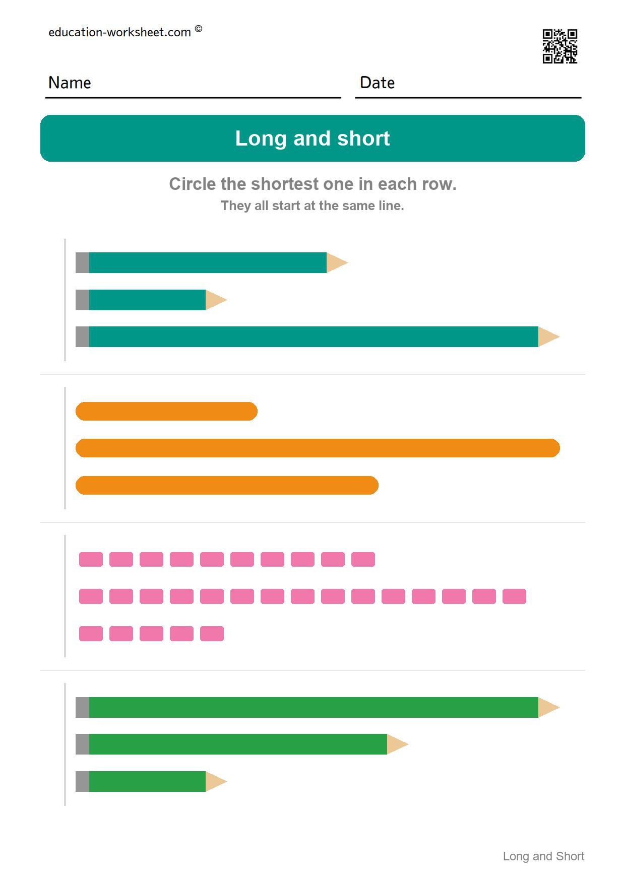 Circle the shortest one (Set 7) - Free Long and Short Worksheets for Kindergarten - Compare Lengths
