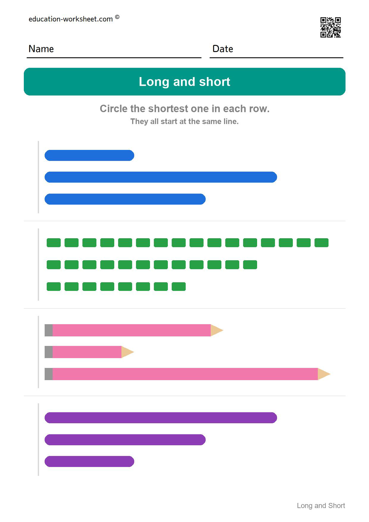 Circle the shortest one (Set 8) - Free Long and Short Worksheets for Kindergarten - Compare Lengths