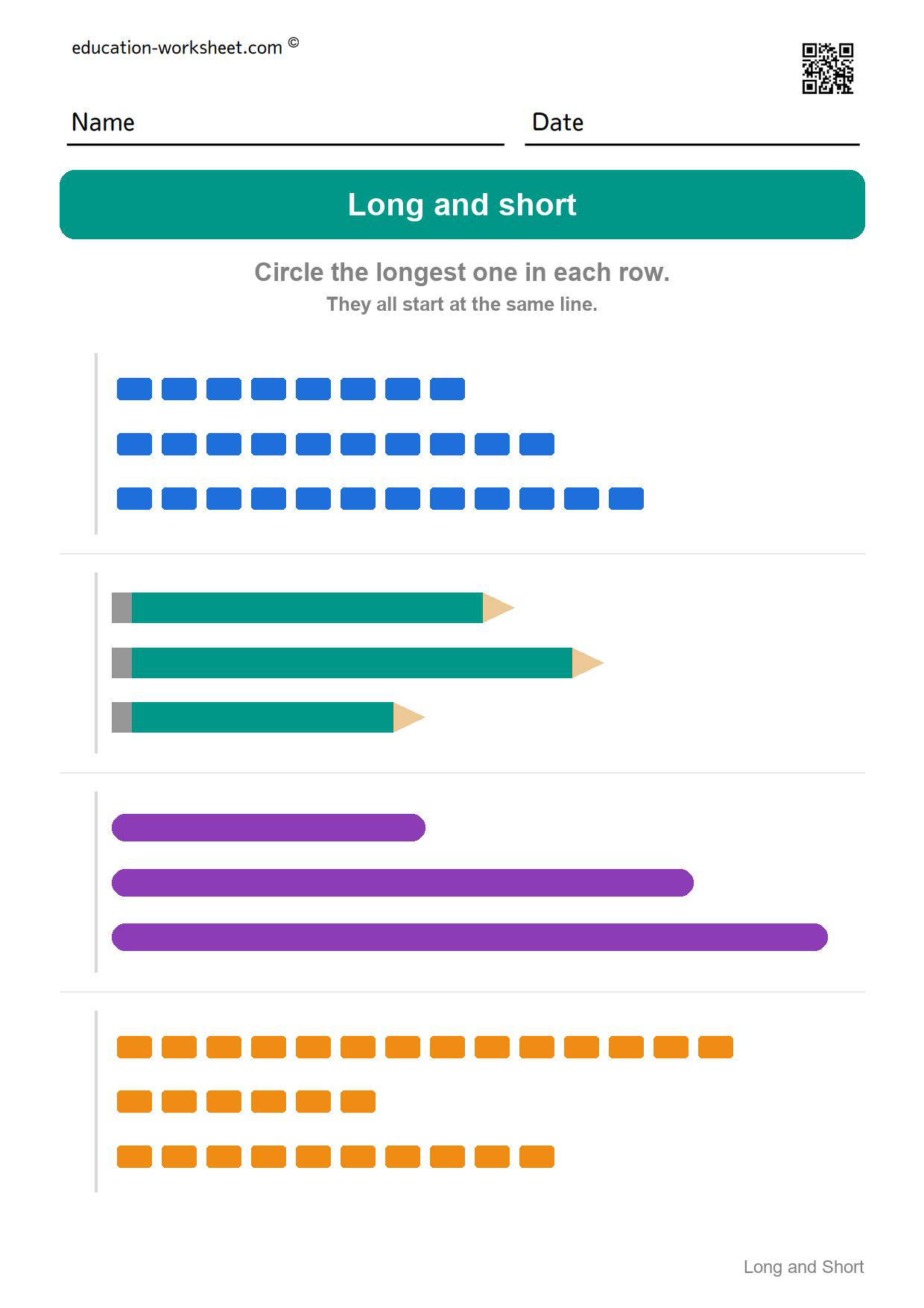 Circle the longest one (Set 9) - Free Long and Short Worksheets for Kindergarten - Compare Lengths