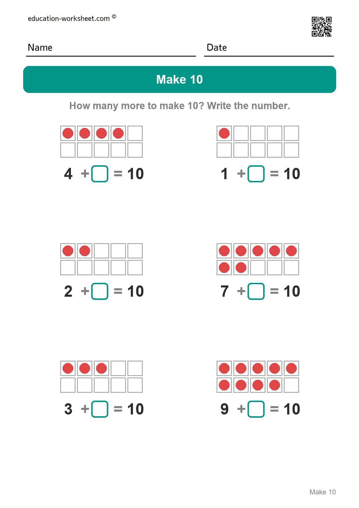 How many more to make 10 (Set 1) - Free Make 10 Worksheets for Kindergarten - Ways to Make Ten with Ten Frames