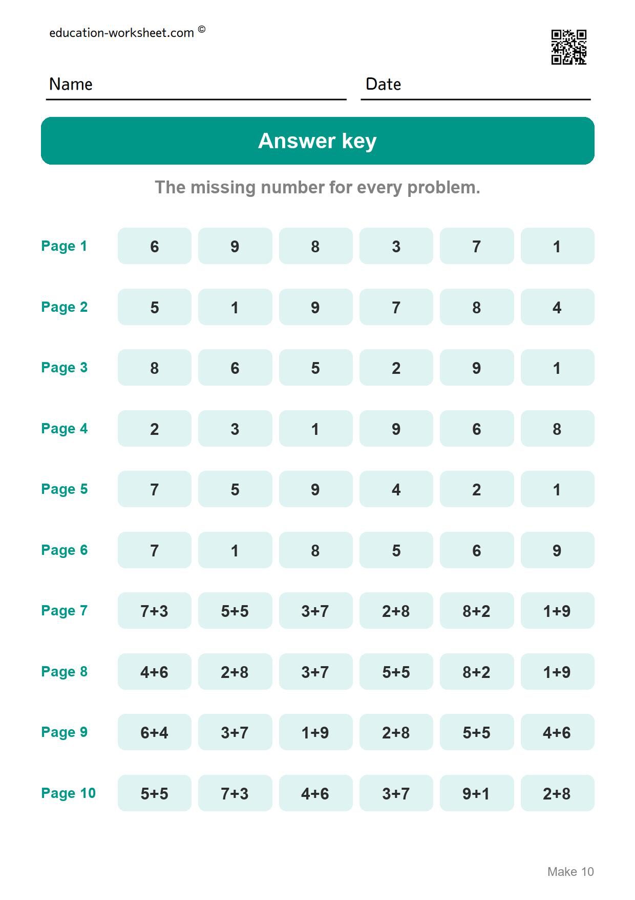 Answer key - all 10 pages - Free Make 10 Worksheets for Kindergarten - Ways to Make Ten with Ten Frames