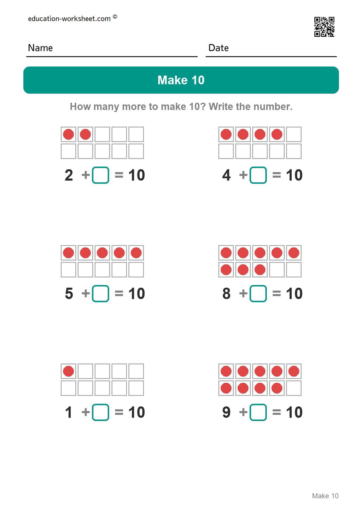 How many more to make 10 (Set 3) - Free Make 10 Worksheets for Kindergarten - Ways to Make Ten with Ten Frames