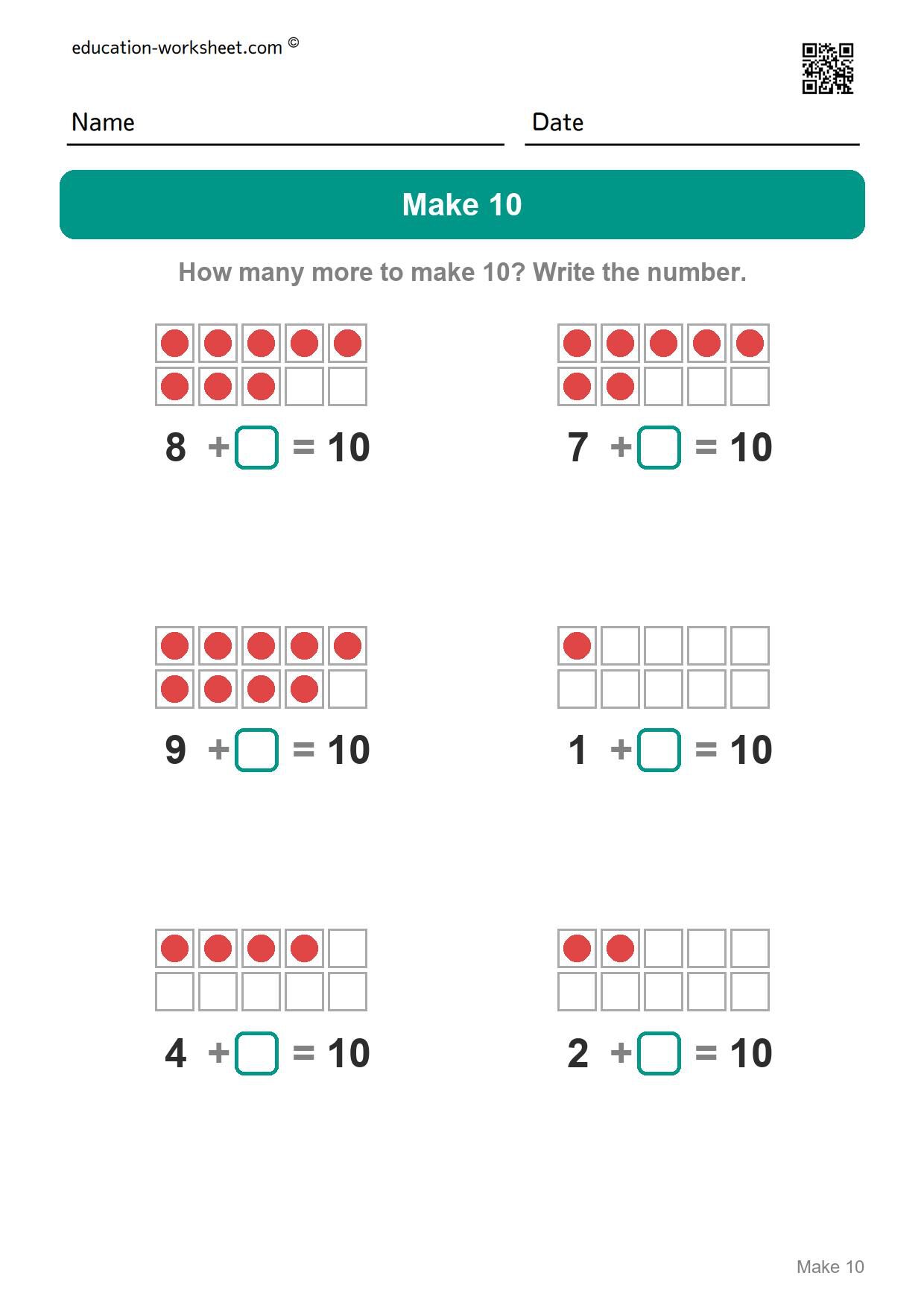 How many more to make 10 (Set 4) - Free Make 10 Worksheets for Kindergarten - Ways to Make Ten with Ten Frames