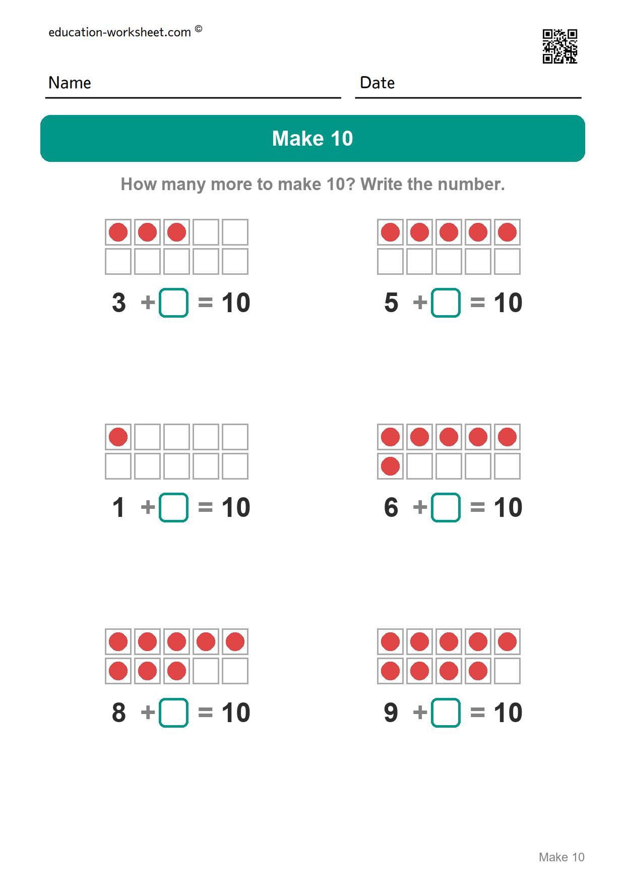 How many more to make 10 (Set 5) - Free Make 10 Worksheets for Kindergarten - Ways to Make Ten with Ten Frames