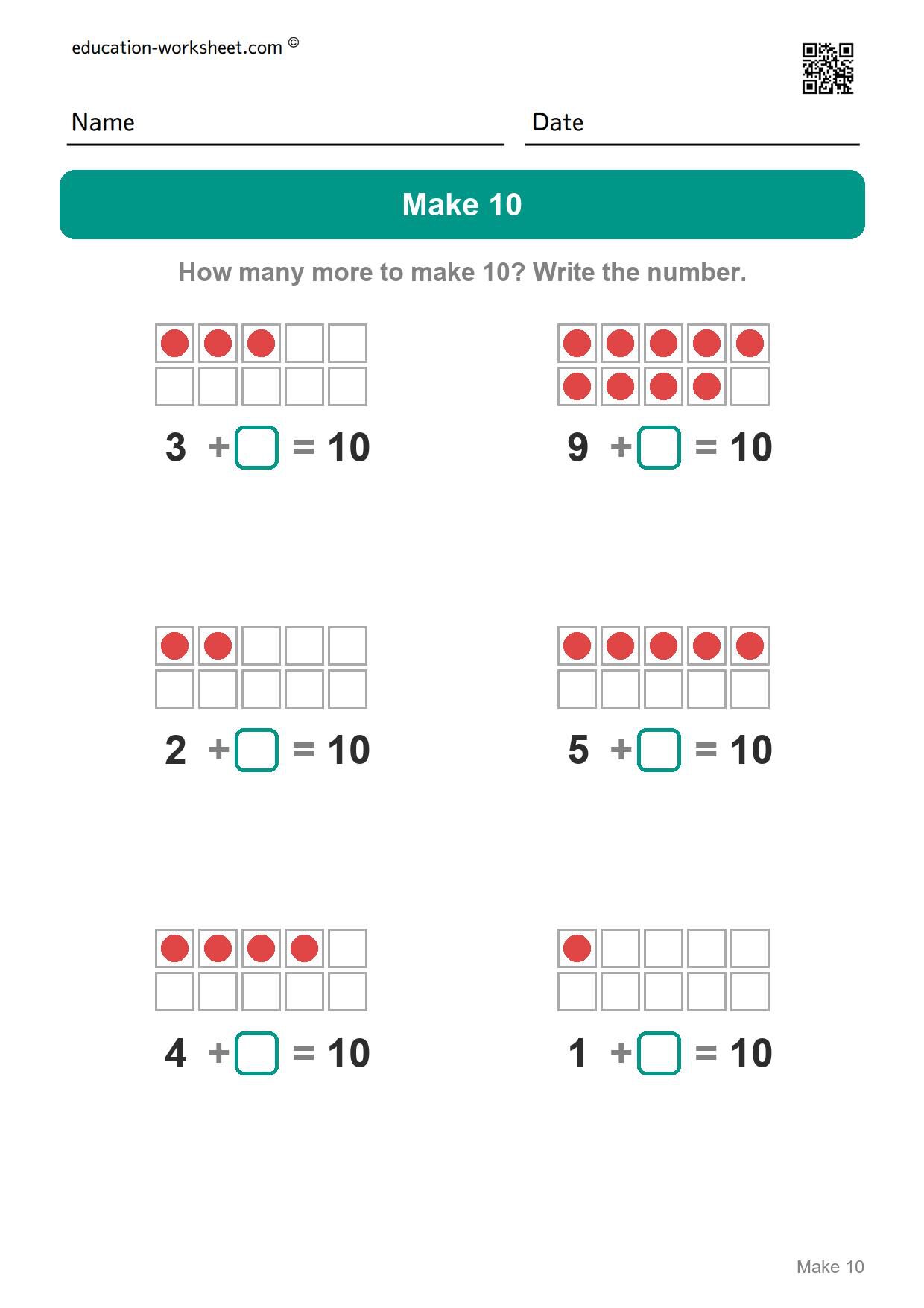 How many more to make 10 (Set 6) - Free Make 10 Worksheets for Kindergarten - Ways to Make Ten with Ten Frames