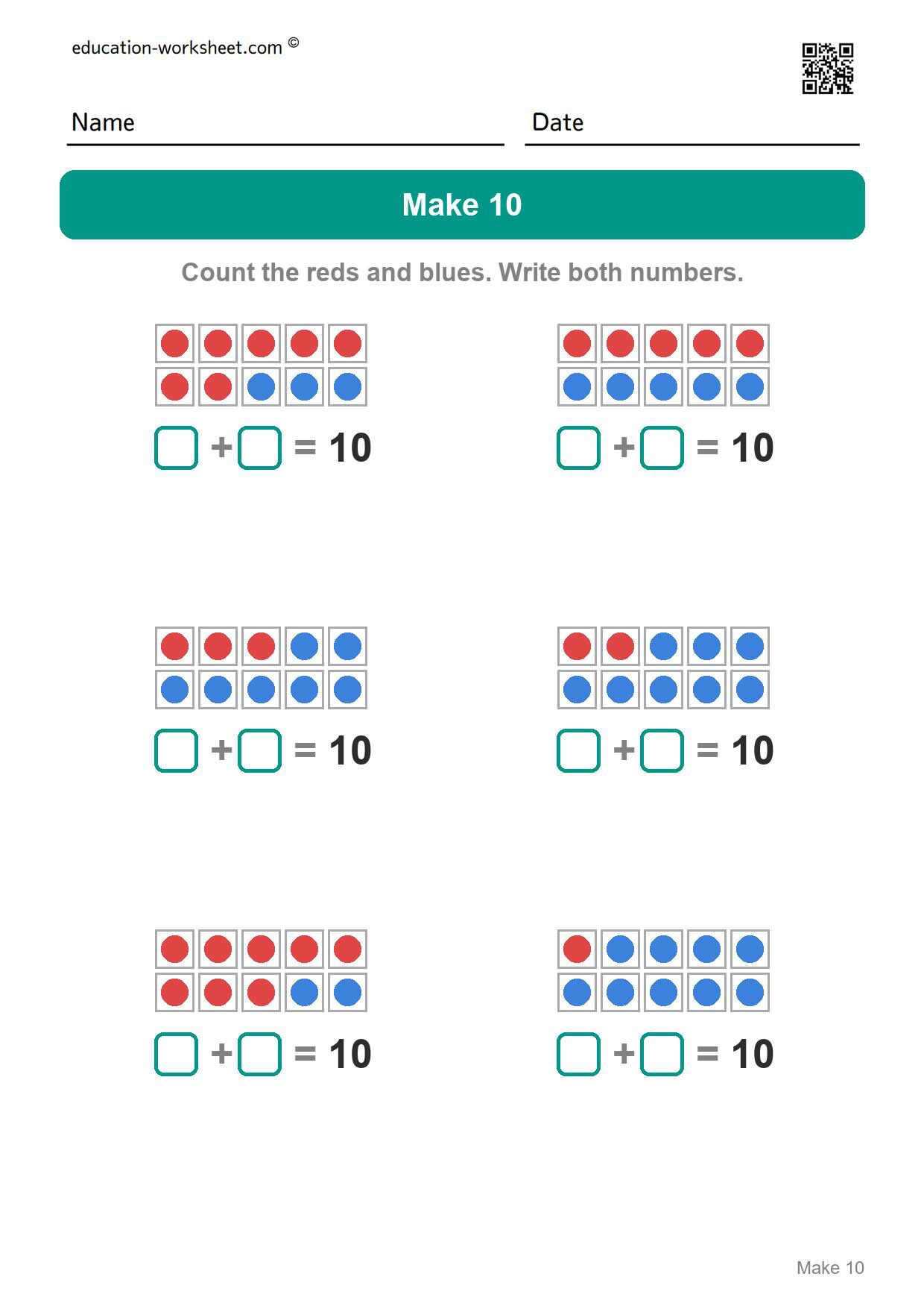 Make 10 with two colors (Set 7) - Free Make 10 Worksheets for Kindergarten - Ways to Make Ten with Ten Frames