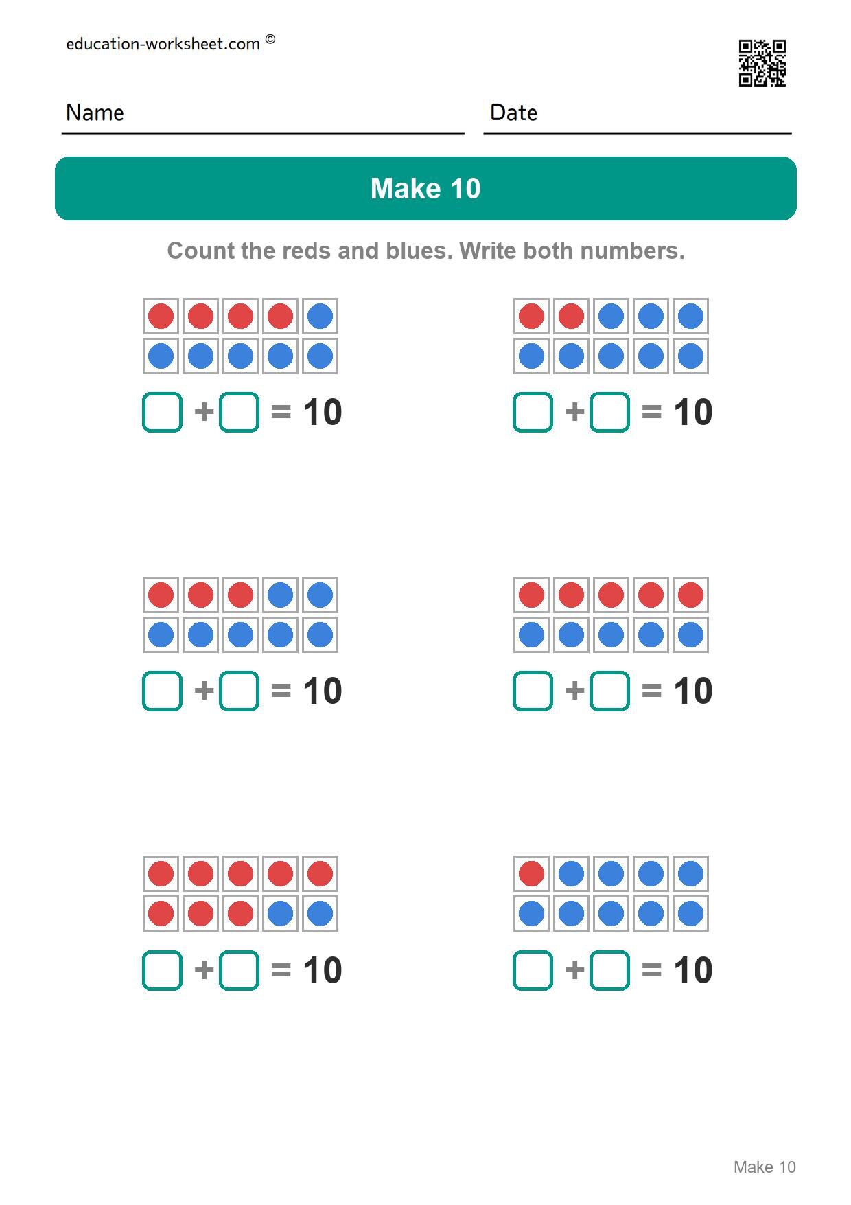 Make 10 with two colors (Set 8) - Free Make 10 Worksheets for Kindergarten - Ways to Make Ten with Ten Frames