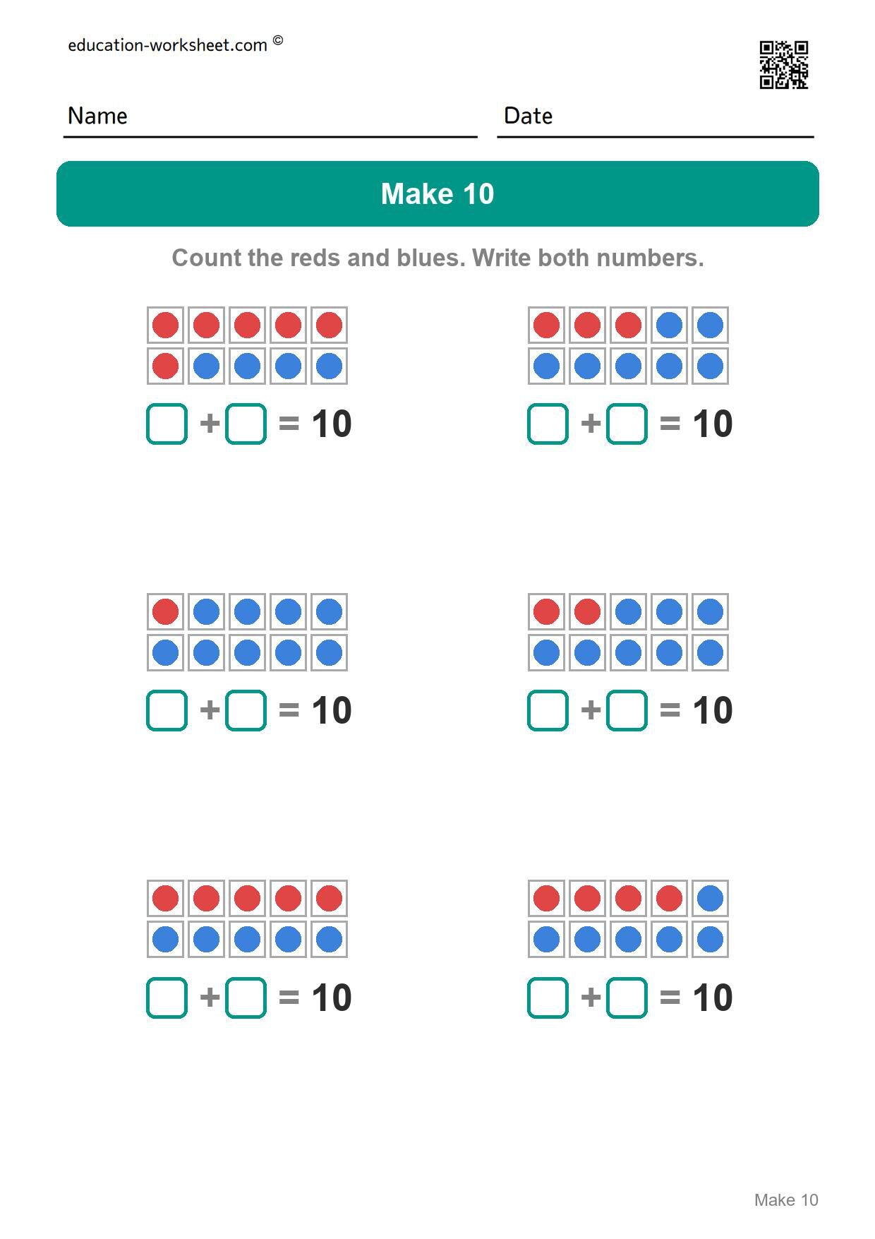 Make 10 with two colors (Set 9) - Free Make 10 Worksheets for Kindergarten - Ways to Make Ten with Ten Frames