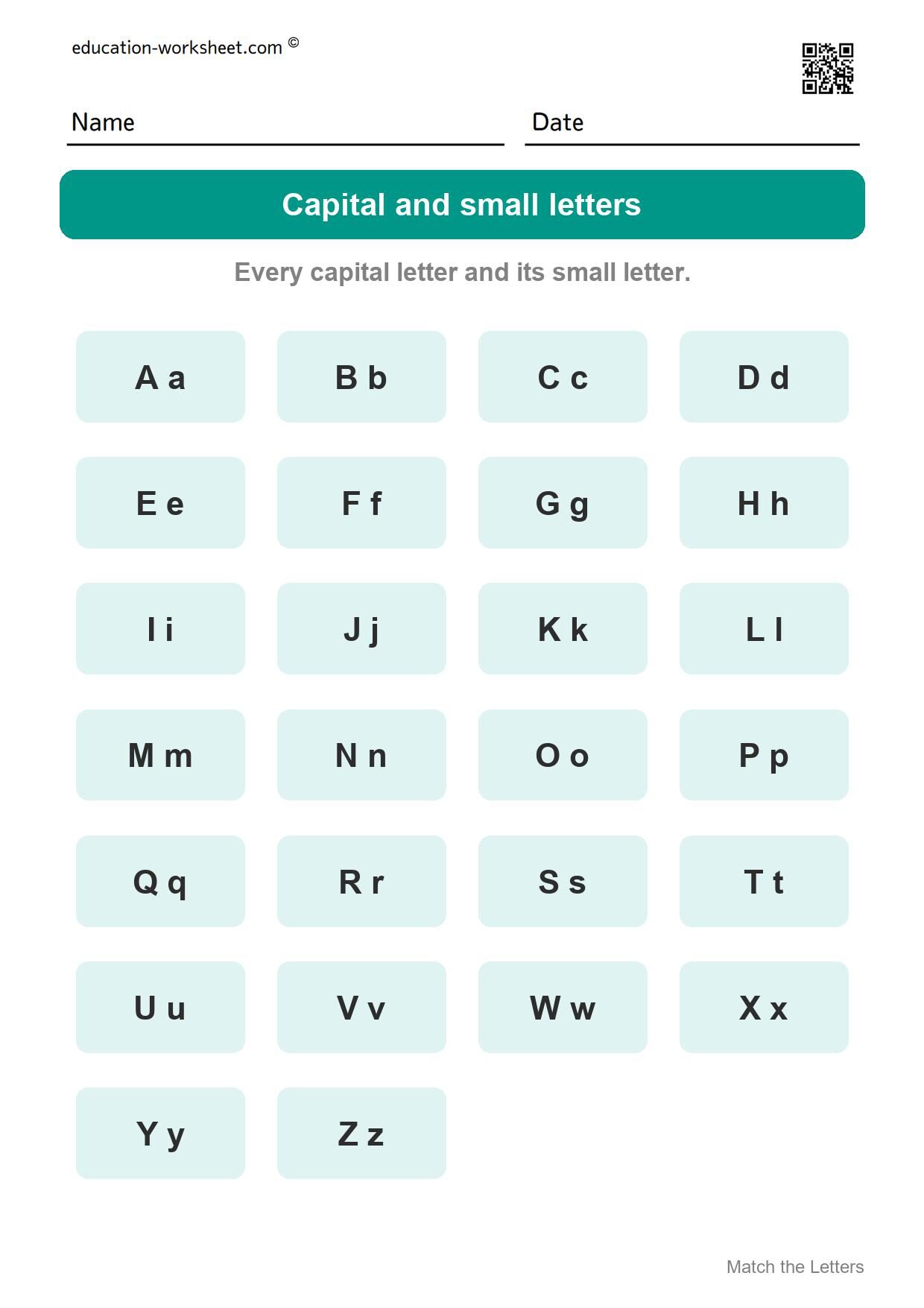Capital and small letters chart - A to Z - Free Uppercase and Lowercase Letters Worksheets for Kindergarten - Match the Letters