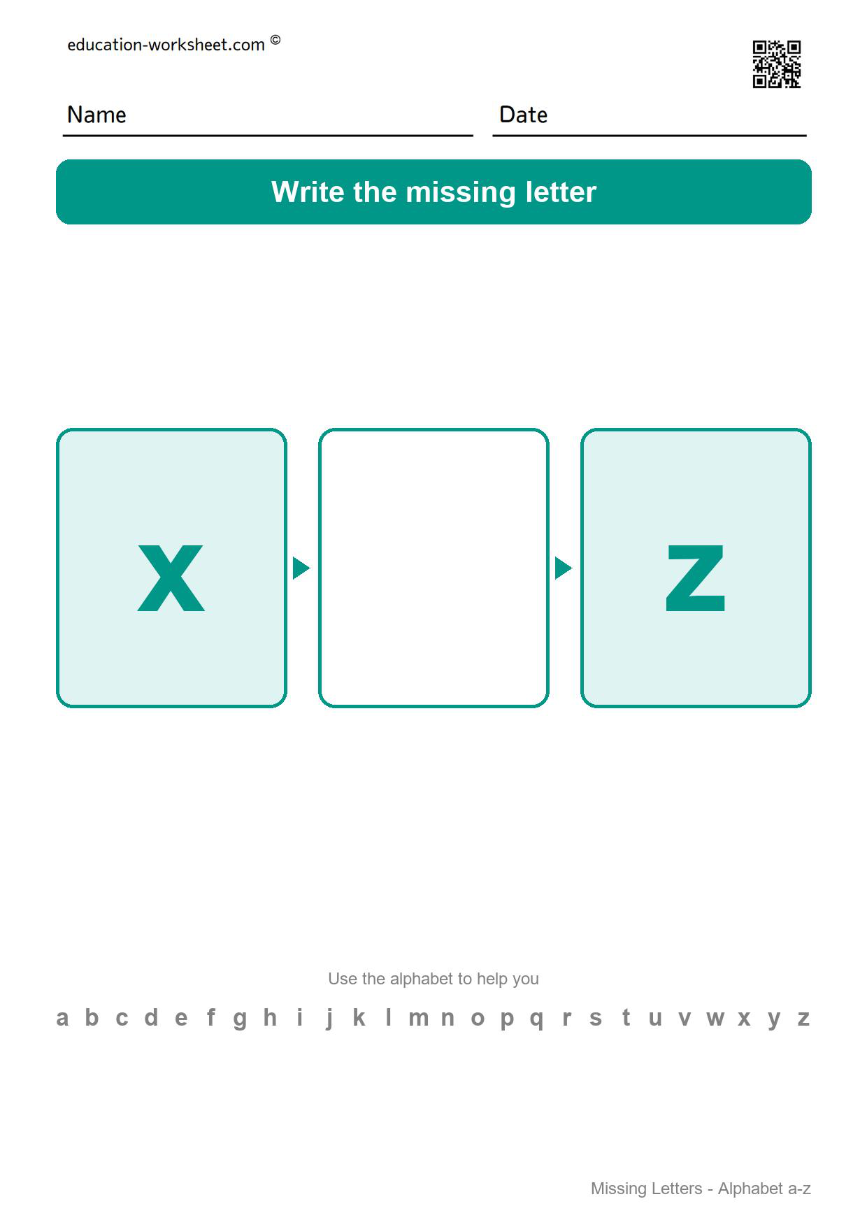 Missing letter y - Free Missing Letters Worksheets for Kindergarten - Alphabet Order