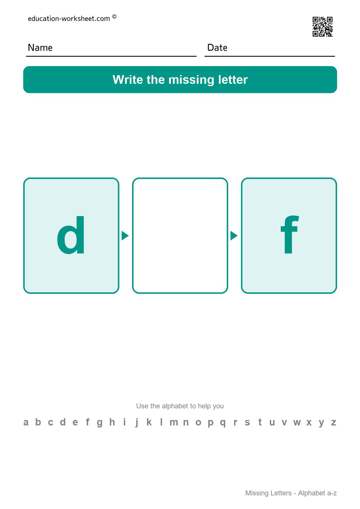 Missing letter e - Free Missing Letters Worksheets for Kindergarten - Alphabet Order