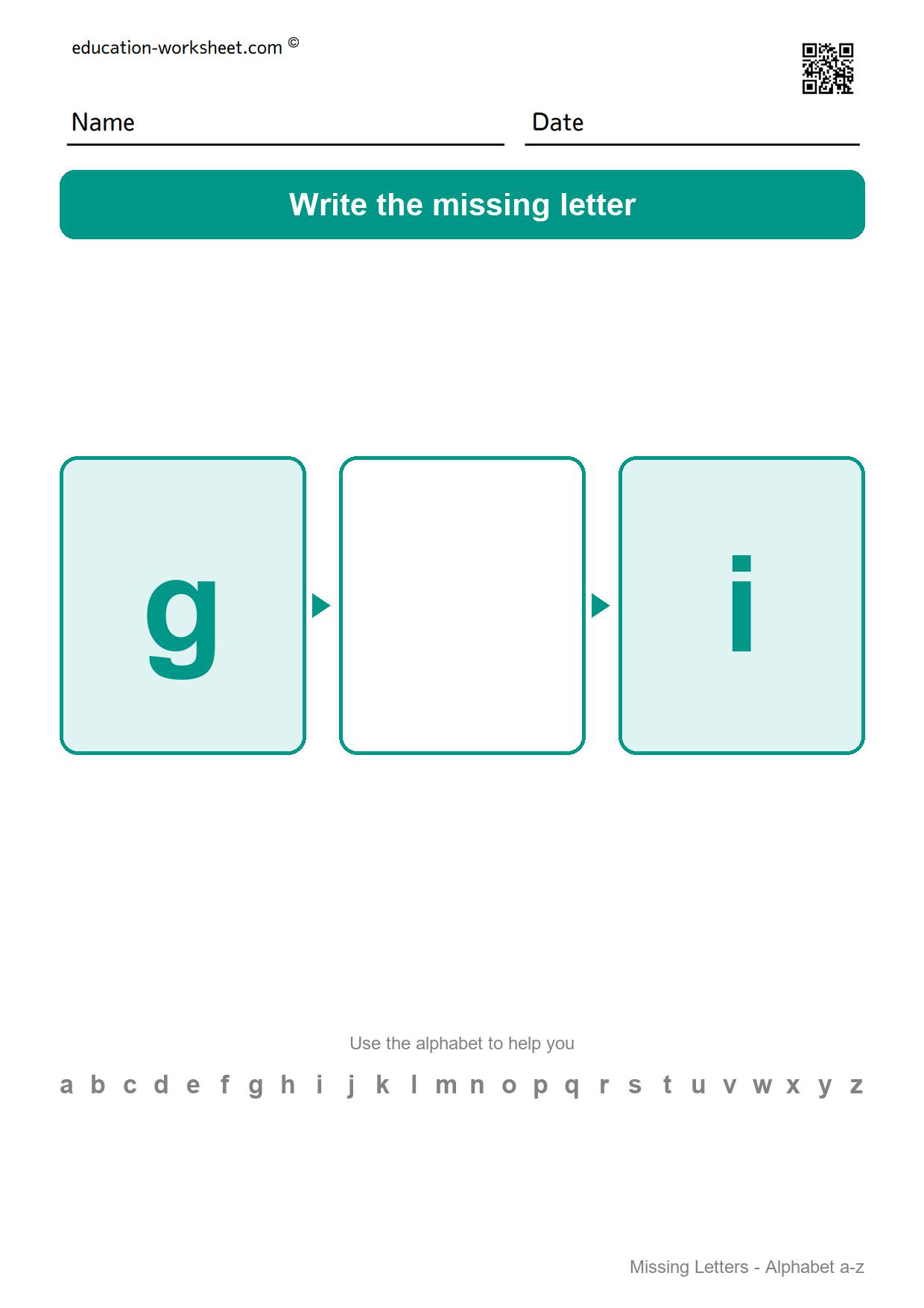 Missing letter h - Free Missing Letters Worksheets for Kindergarten - Alphabet Order