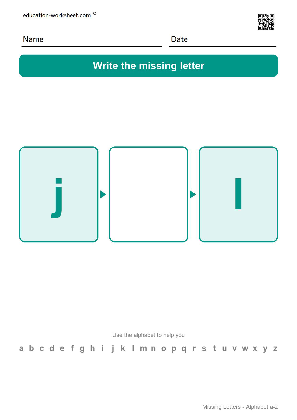 Missing letter k - Free Missing Letters Worksheets for Kindergarten - Alphabet Order