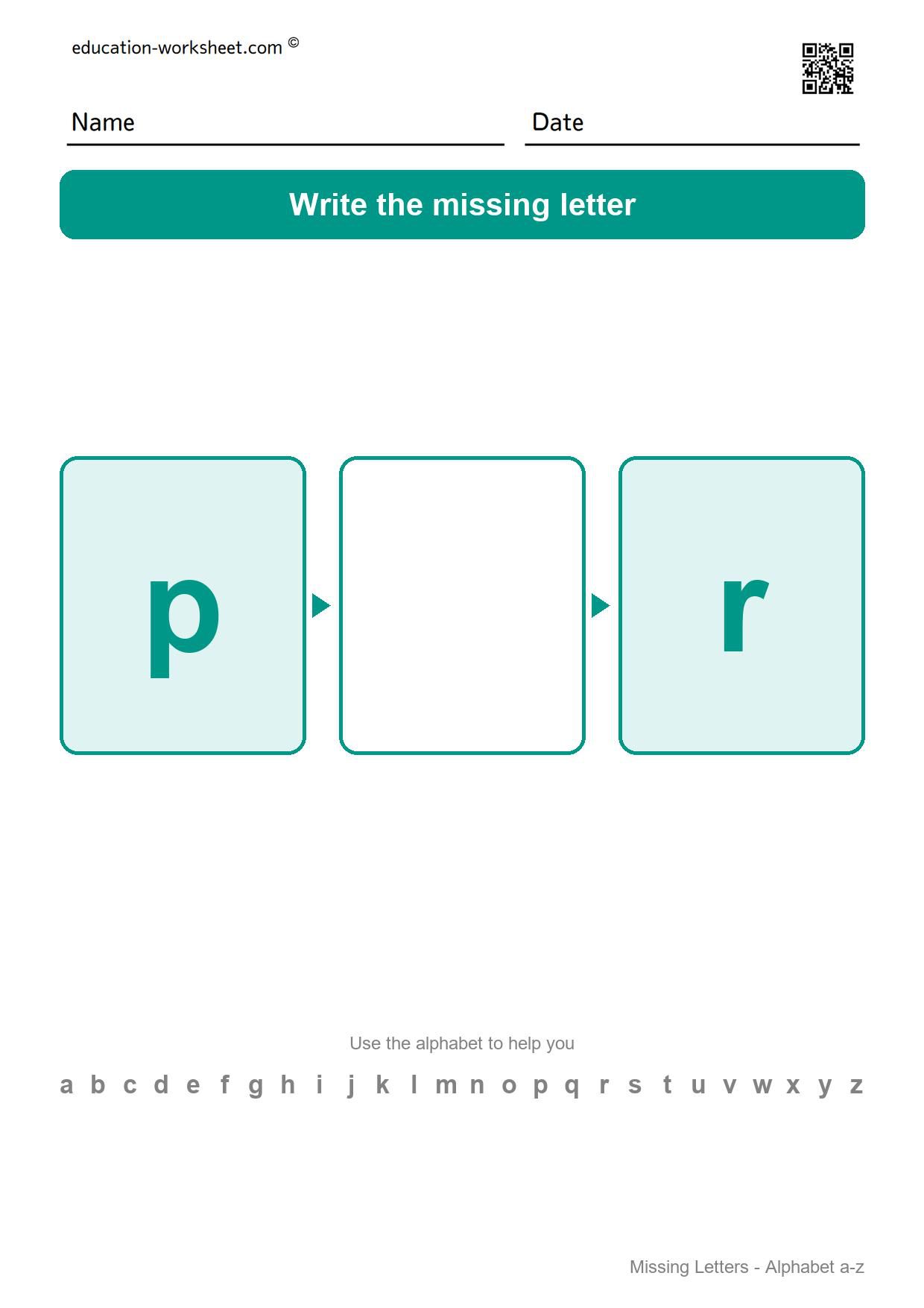 Missing letter q - Free Missing Letters Worksheets for Kindergarten - Alphabet Order
