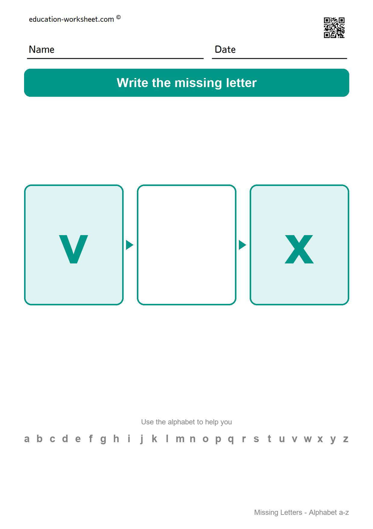 Missing letter w - Free Missing Letters Worksheets for Kindergarten - Alphabet Order