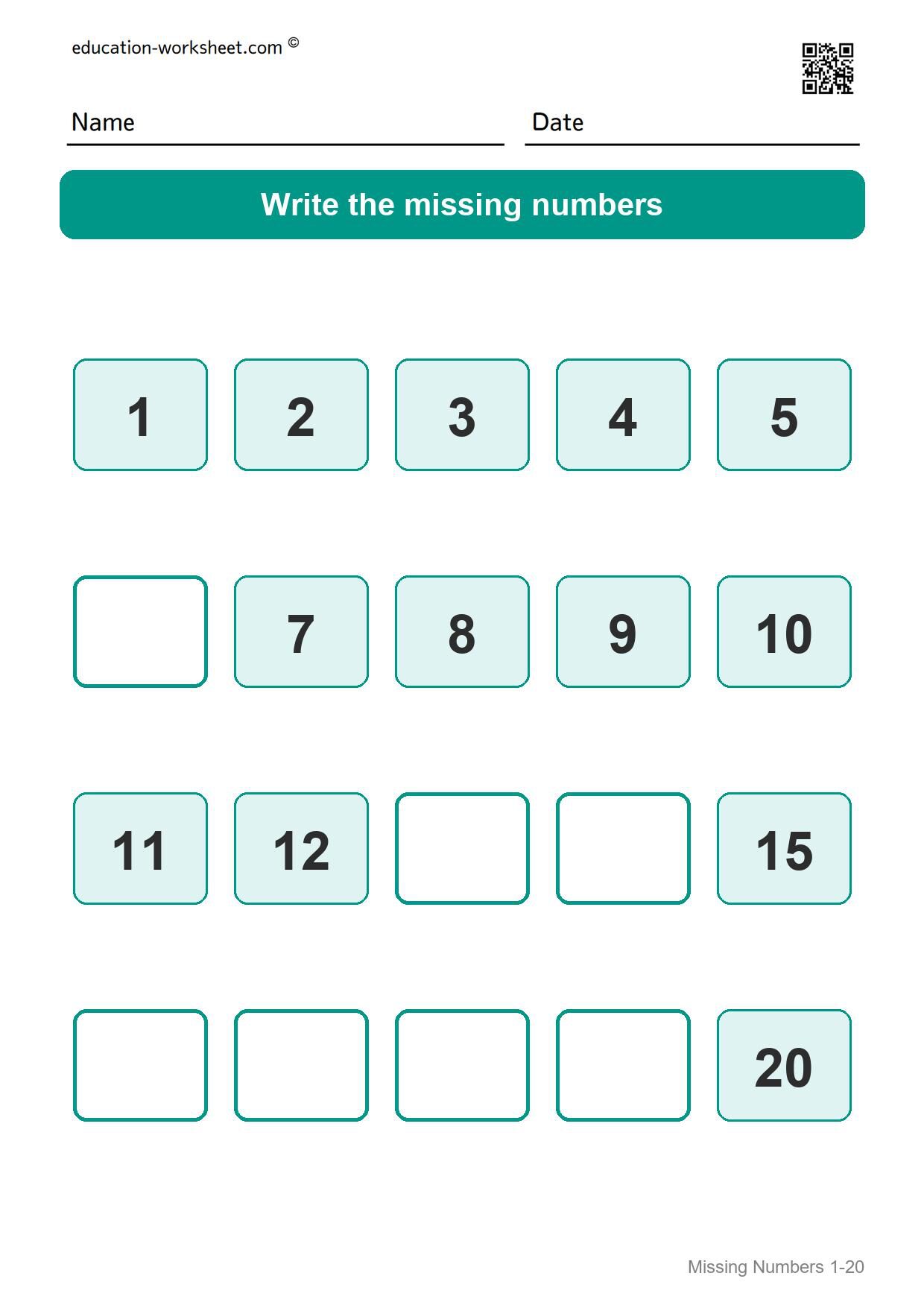 Missing numbers 1-20 (Set 1) - Free Missing Numbers Worksheets 1-20 for Kindergarten