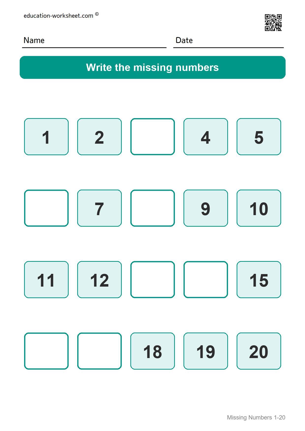 Missing numbers 1-20 (Set 10) - Free Missing Numbers Worksheets 1-20 for Kindergarten
