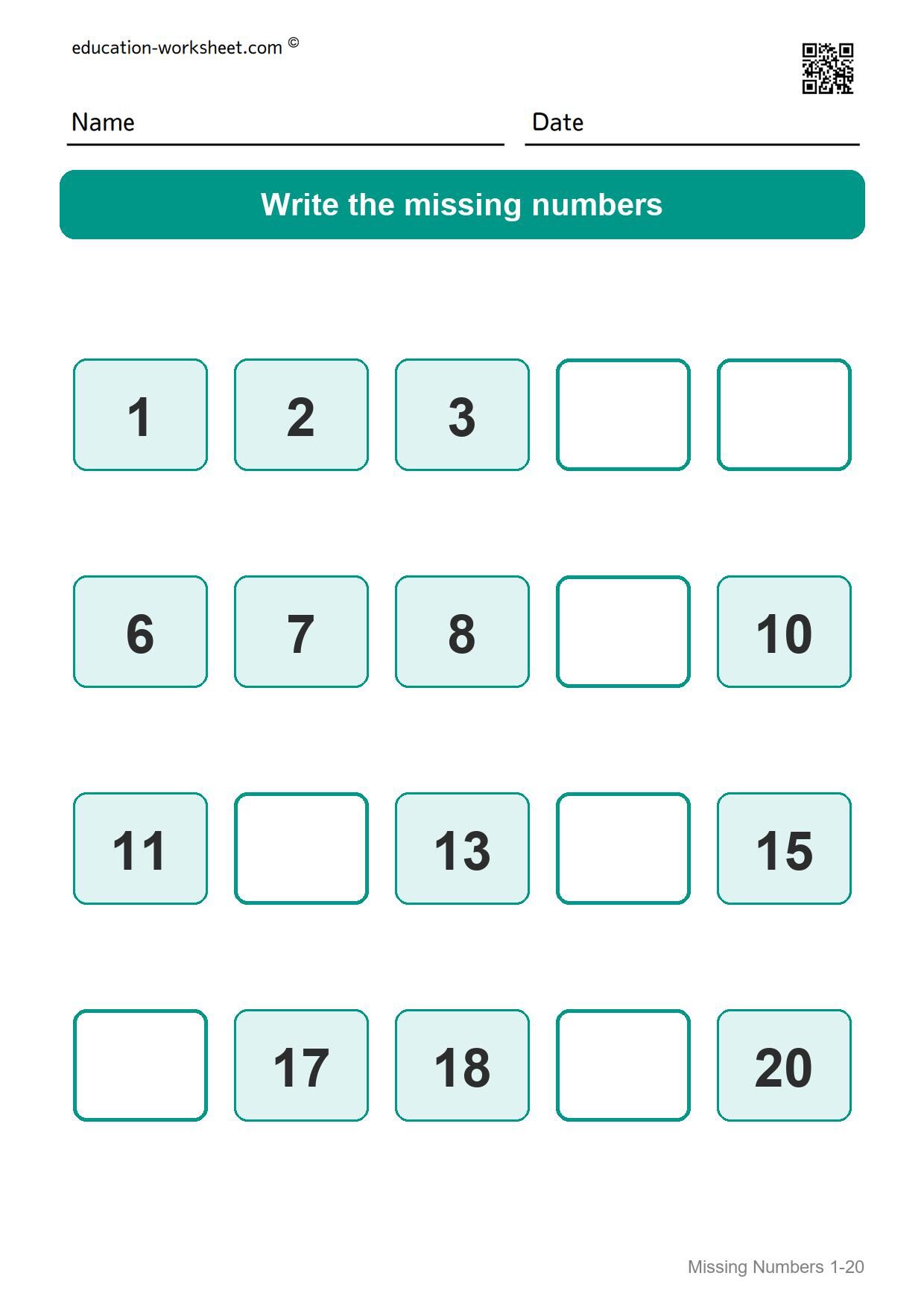 Missing numbers 1-20 (Set 2) - Free Missing Numbers Worksheets 1-20 for Kindergarten