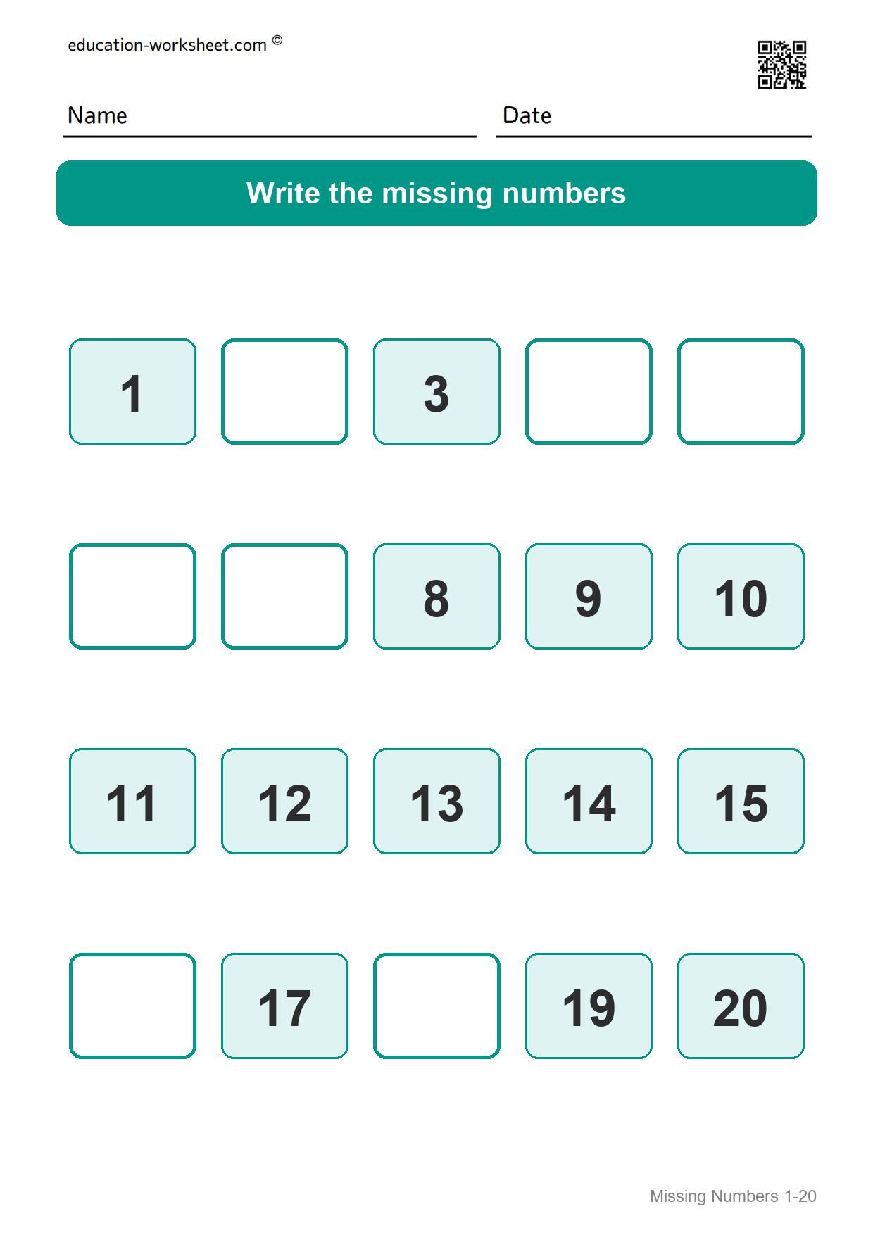 Missing numbers 1-20 (Set 3) - Free Missing Numbers Worksheets 1-20 for Kindergarten