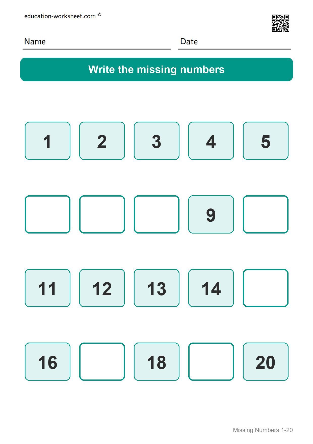 Missing numbers 1-20 (Set 4) - Free Missing Numbers Worksheets 1-20 for Kindergarten