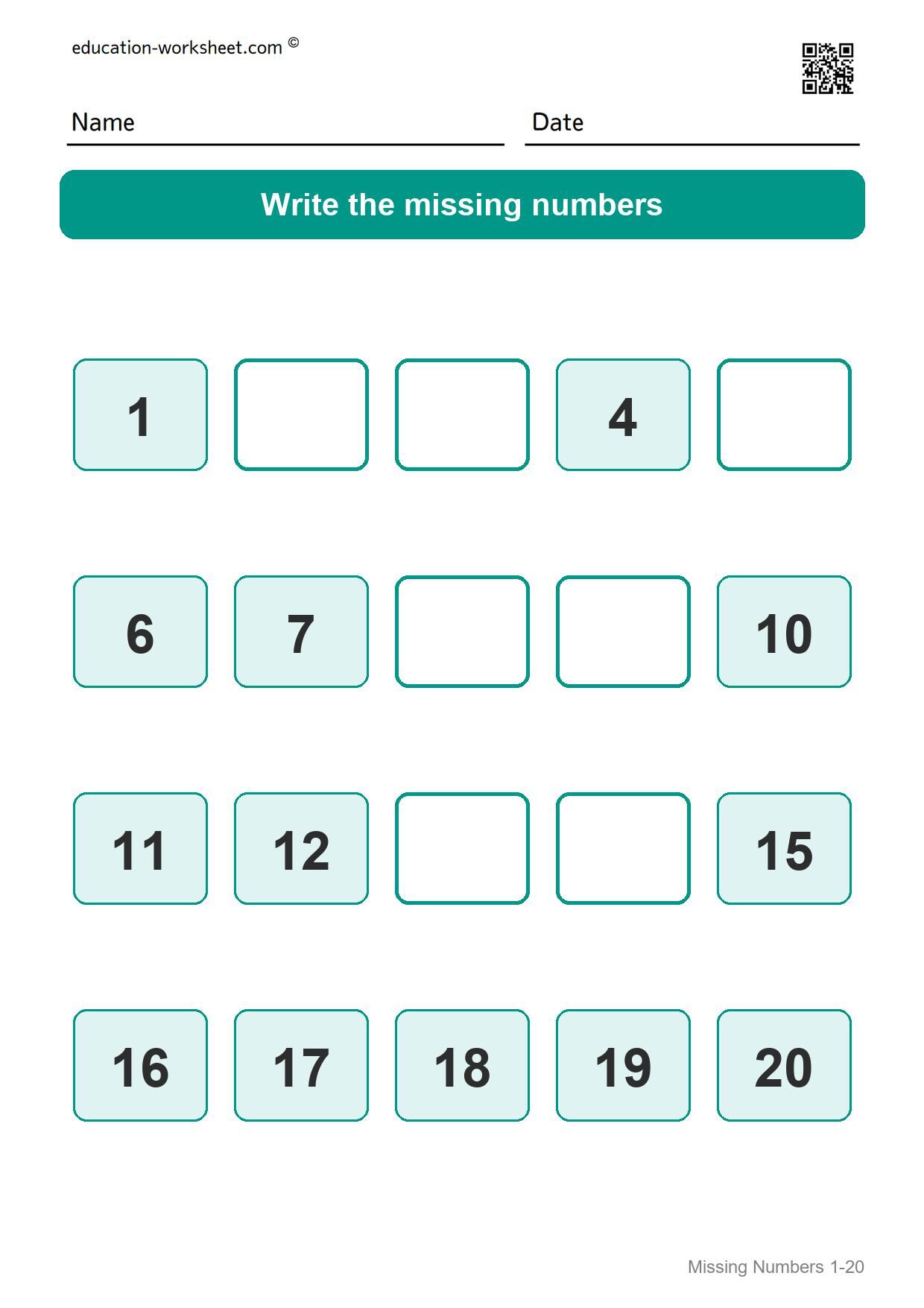 Missing numbers 1-20 (Set 5) - Free Missing Numbers Worksheets 1-20 for Kindergarten