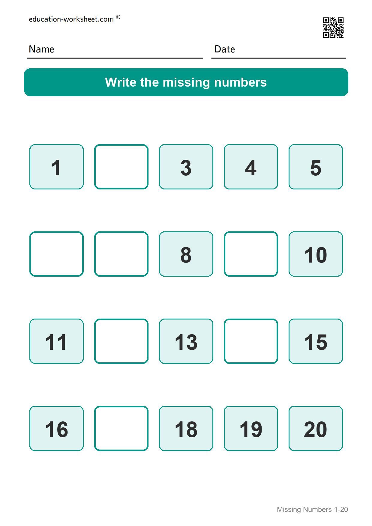 Missing numbers 1-20 (Set 6) - Free Missing Numbers Worksheets 1-20 for Kindergarten
