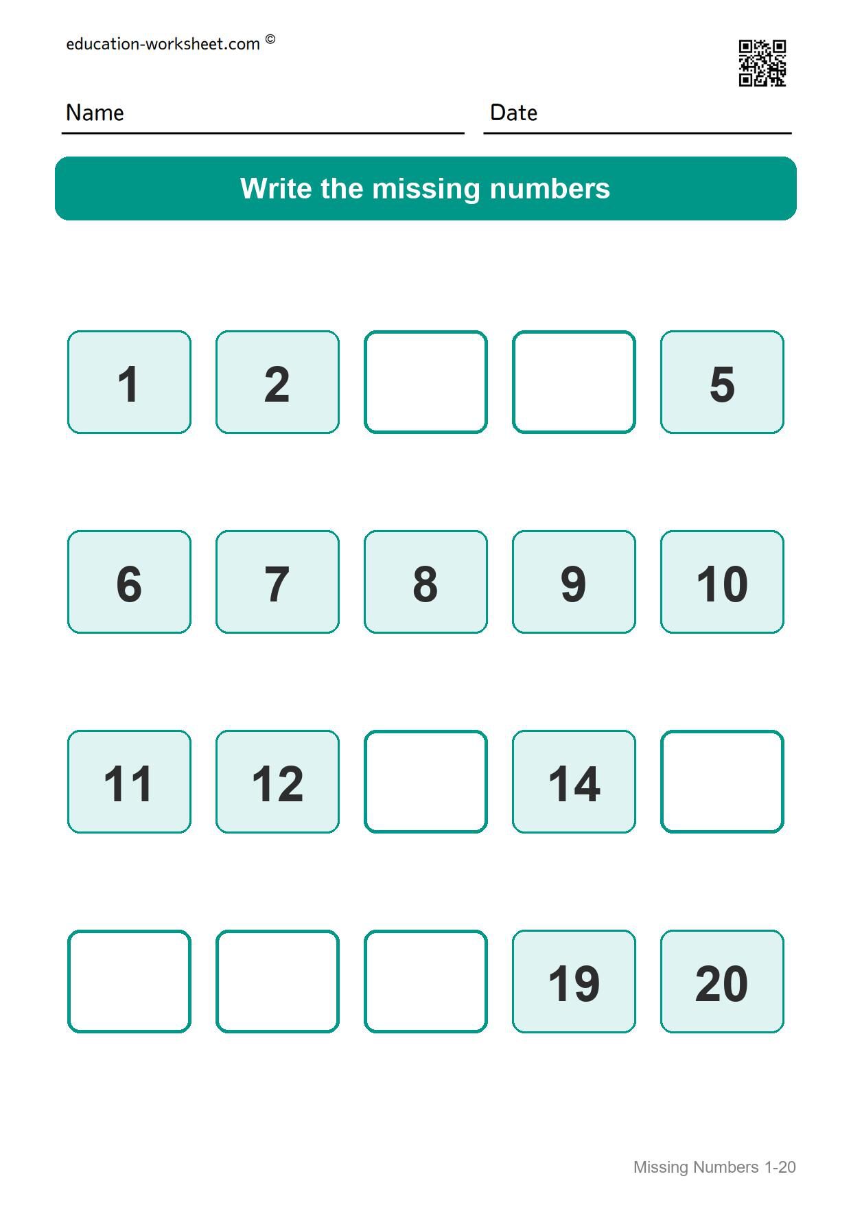 Missing numbers 1-20 (Set 7) - Free Missing Numbers Worksheets 1-20 for Kindergarten