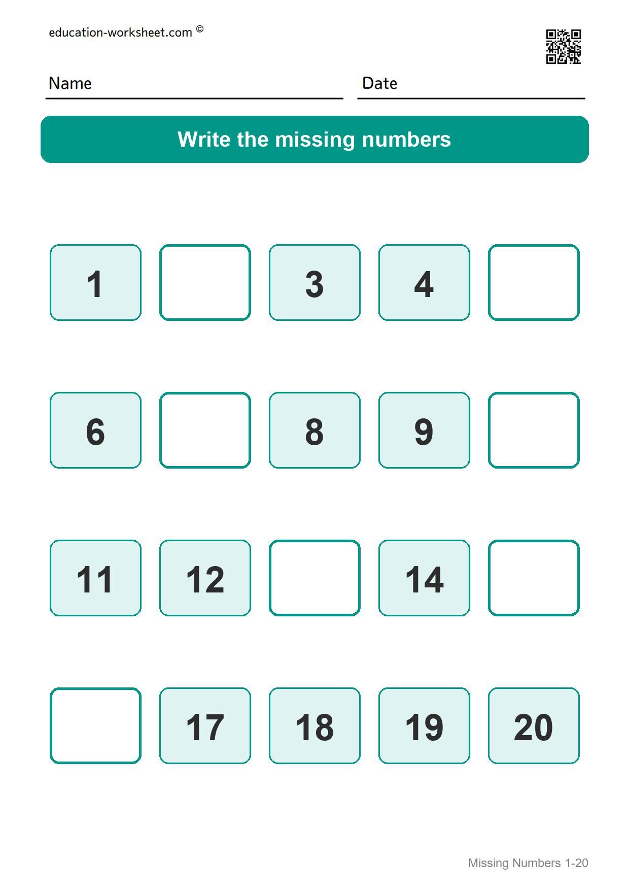 Missing numbers 1-20 (Set 8) - Free Missing Numbers Worksheets 1-20 for Kindergarten