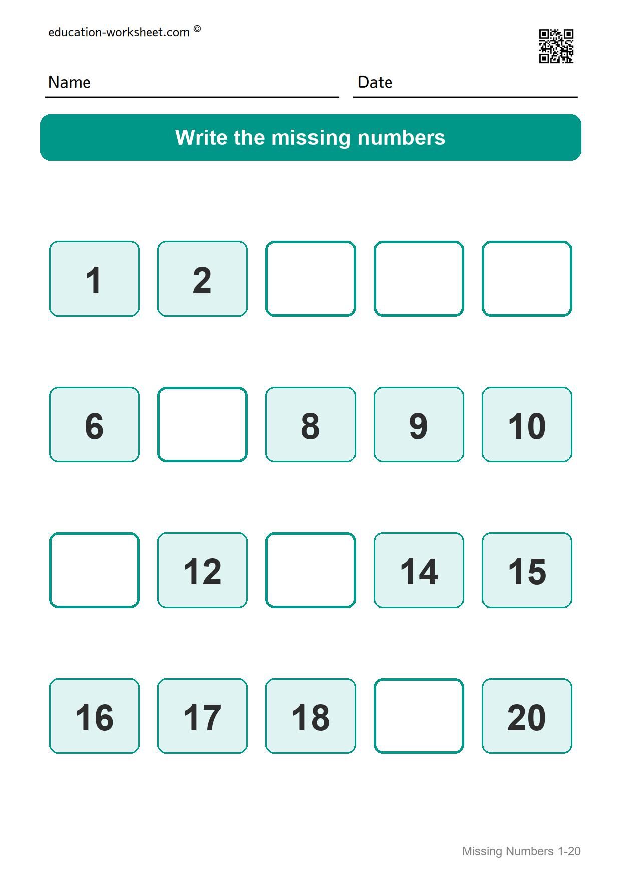 Missing numbers 1-20 (Set 9) - Free Missing Numbers Worksheets 1-20 for Kindergarten
