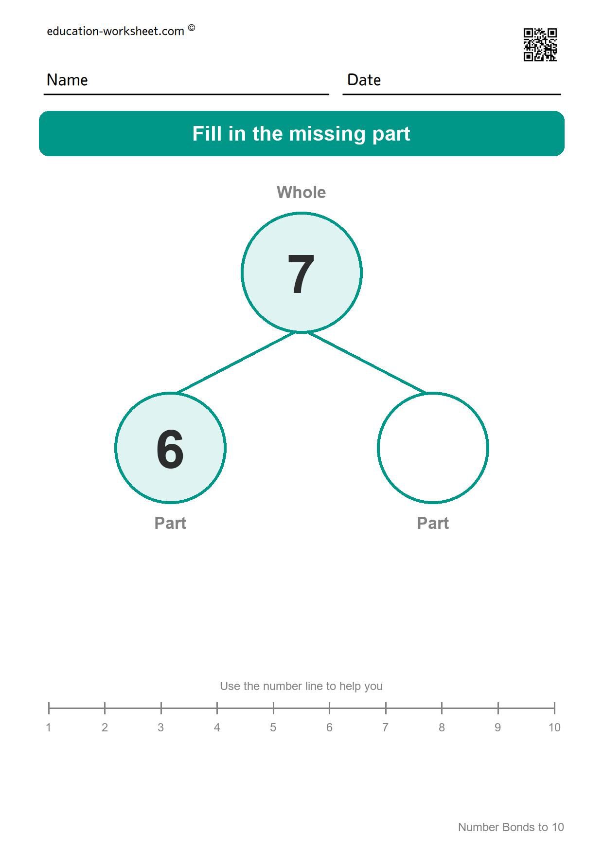 Number bond 7 = 6 + ? - Free Number Bonds Worksheets for Kindergarten - Numbers to 10