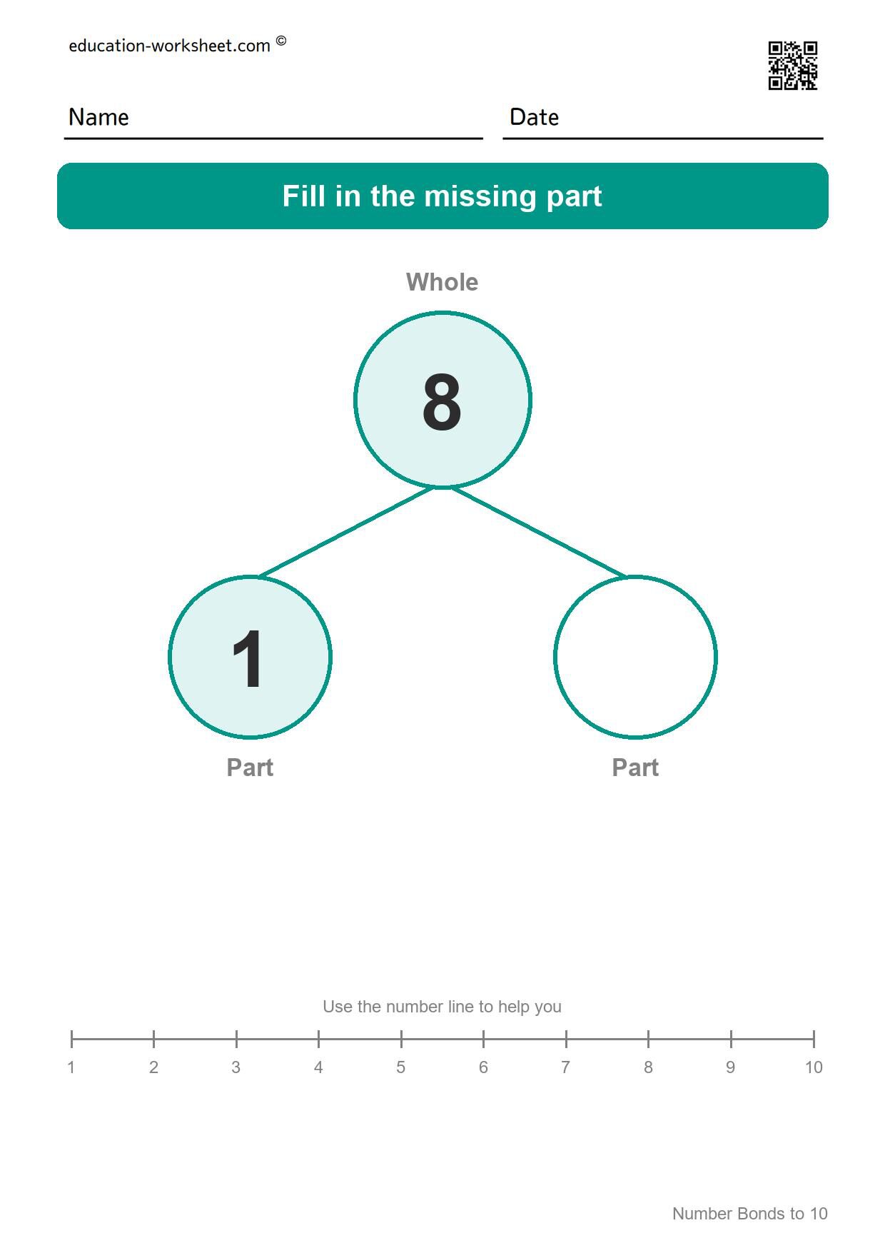 Number bond 8 = 1 + ? - Free Number Bonds Worksheets for Kindergarten - Numbers to 10