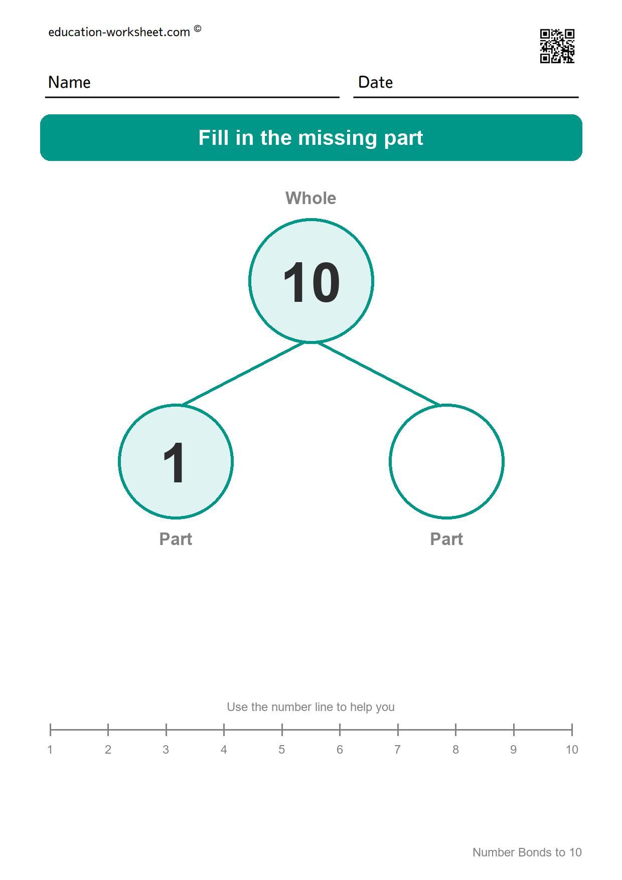 Number bond 10 = 1 + ? - Free Number Bonds Worksheets for Kindergarten - Numbers to 10