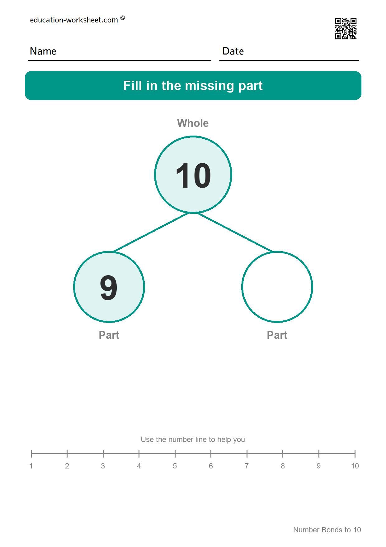 Number bond 10 = 9 + ? - Free Number Bonds Worksheets for Kindergarten - Numbers to 10