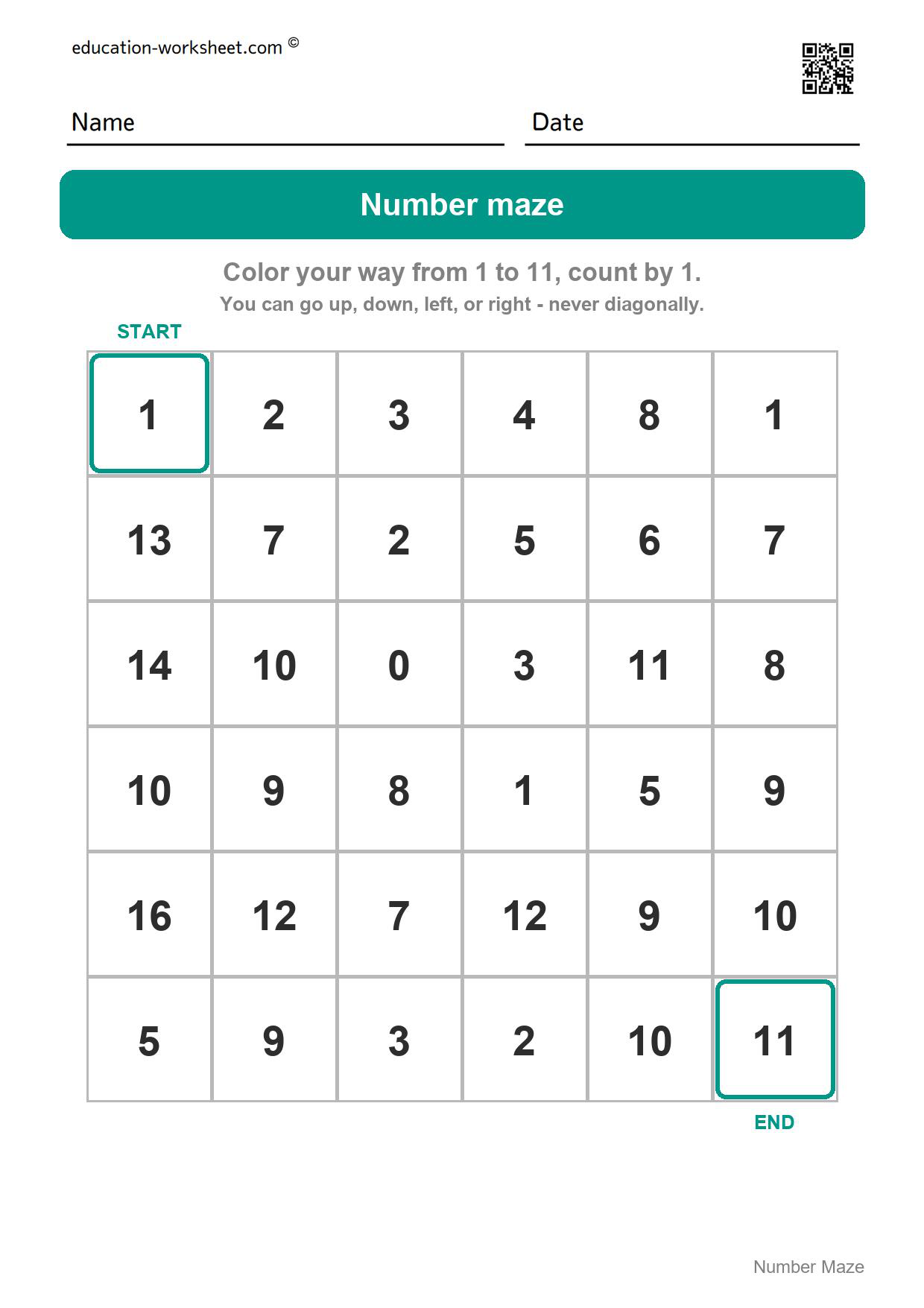 Number maze - 1 to 11 (count by 1) - Free Number Maze Worksheets for Kindergarten - Count and Skip Count
