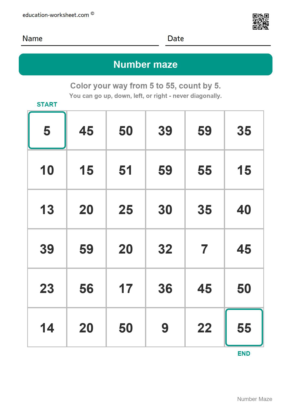 Number maze - 5 to 55 (count by 5) - Free Number Maze Worksheets for Kindergarten - Count and Skip Count
