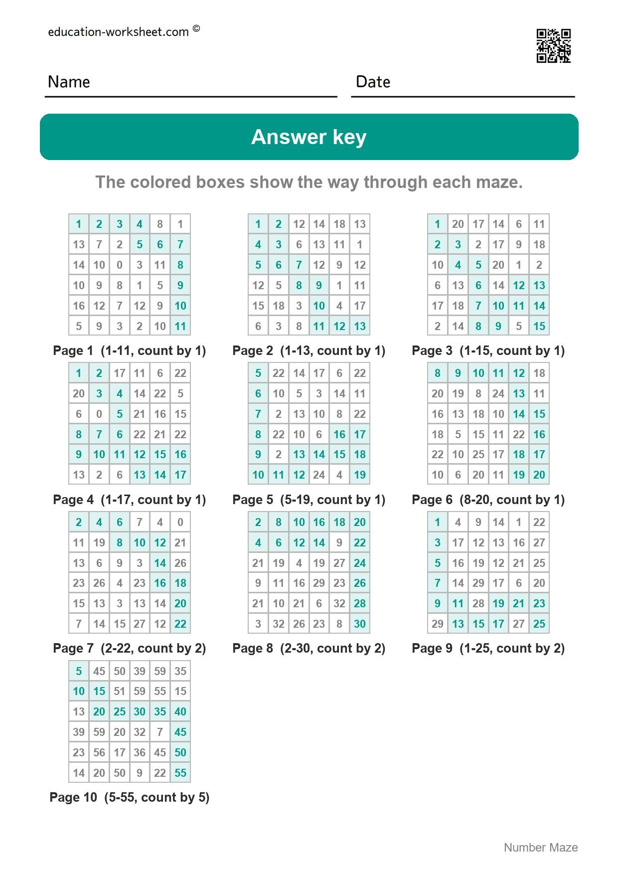 Answer key - all 10 mazes - Free Number Maze Worksheets for Kindergarten - Count and Skip Count