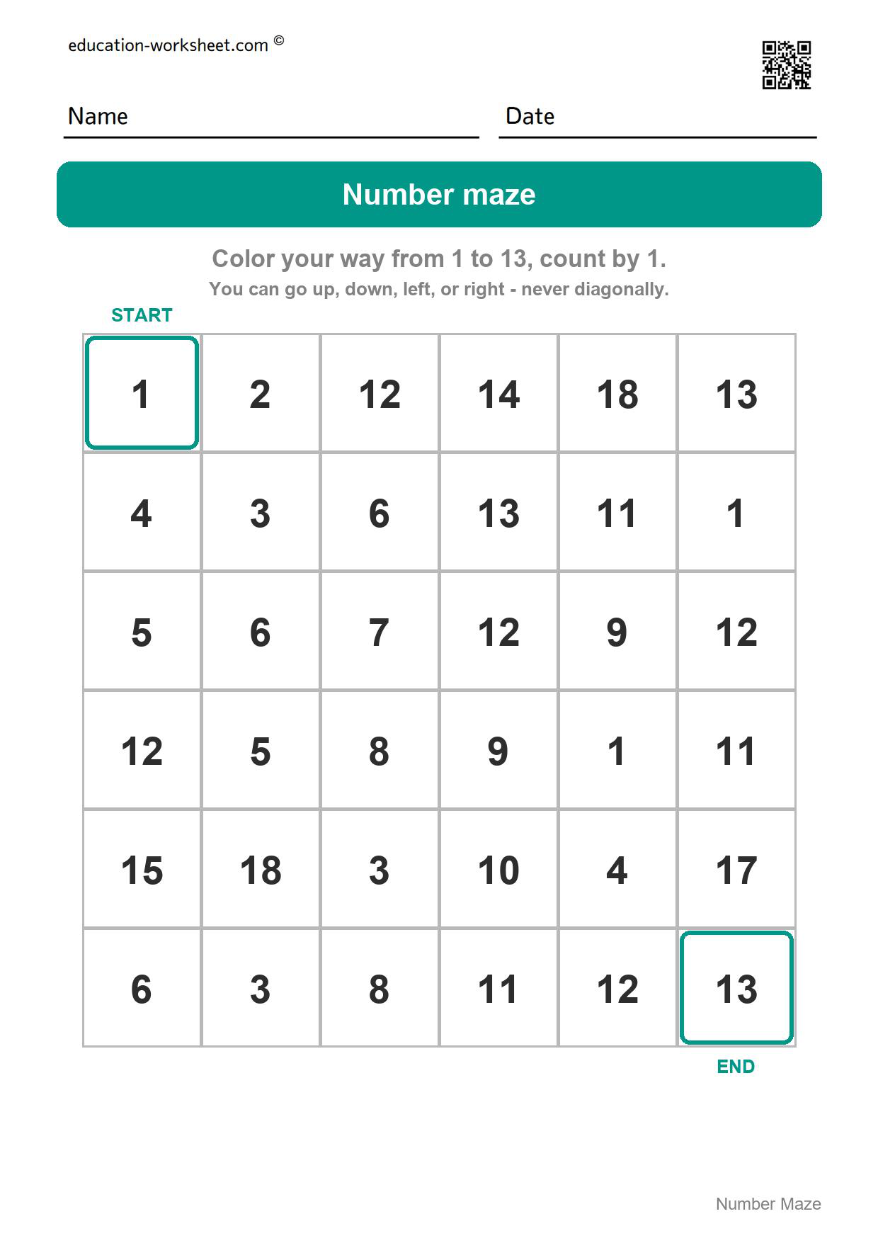 Number maze - 1 to 13 (count by 1) - Free Number Maze Worksheets for Kindergarten - Count and Skip Count