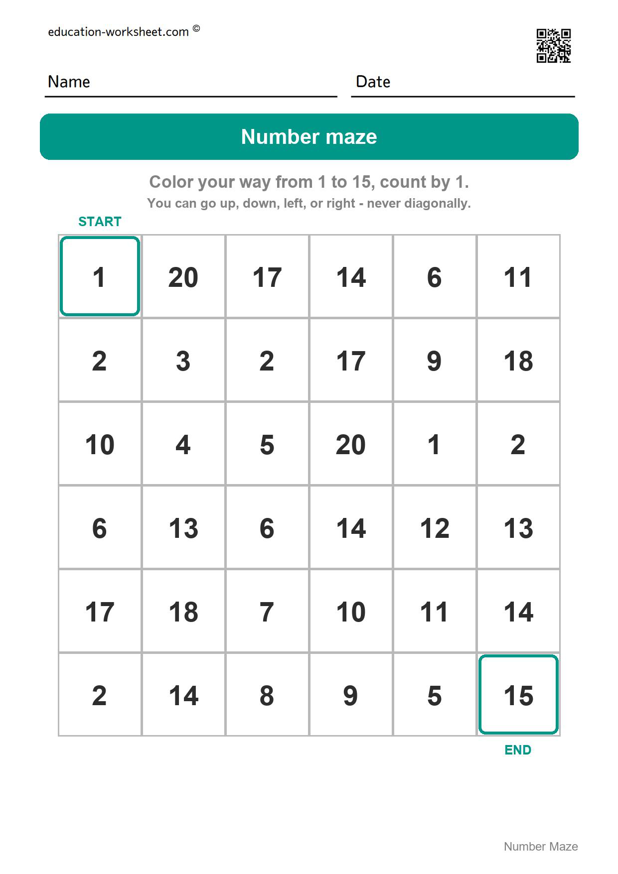 Number maze - 1 to 15 (count by 1) - Free Number Maze Worksheets for Kindergarten - Count and Skip Count