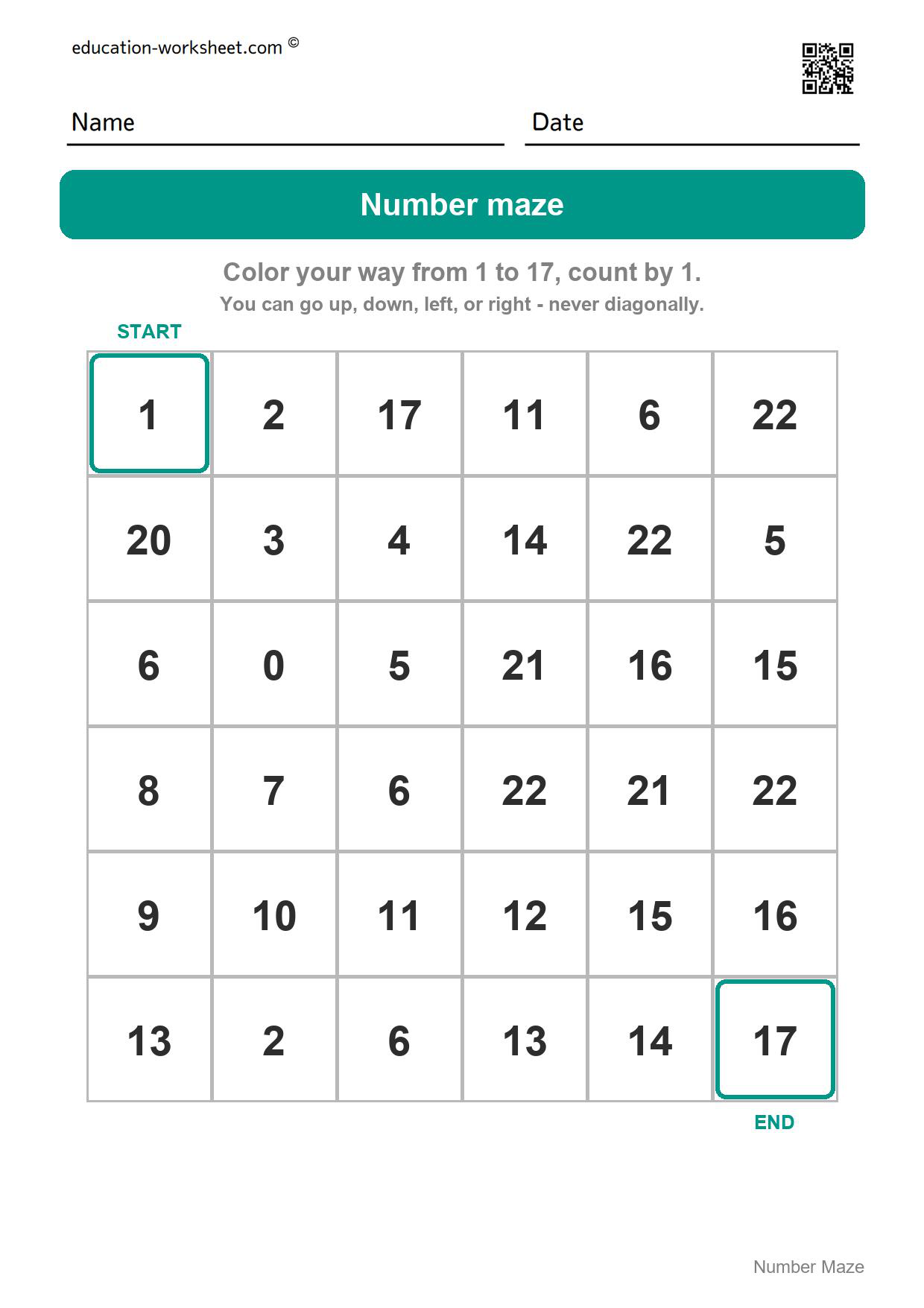Number maze - 1 to 17 (count by 1) - Free Number Maze Worksheets for Kindergarten - Count and Skip Count