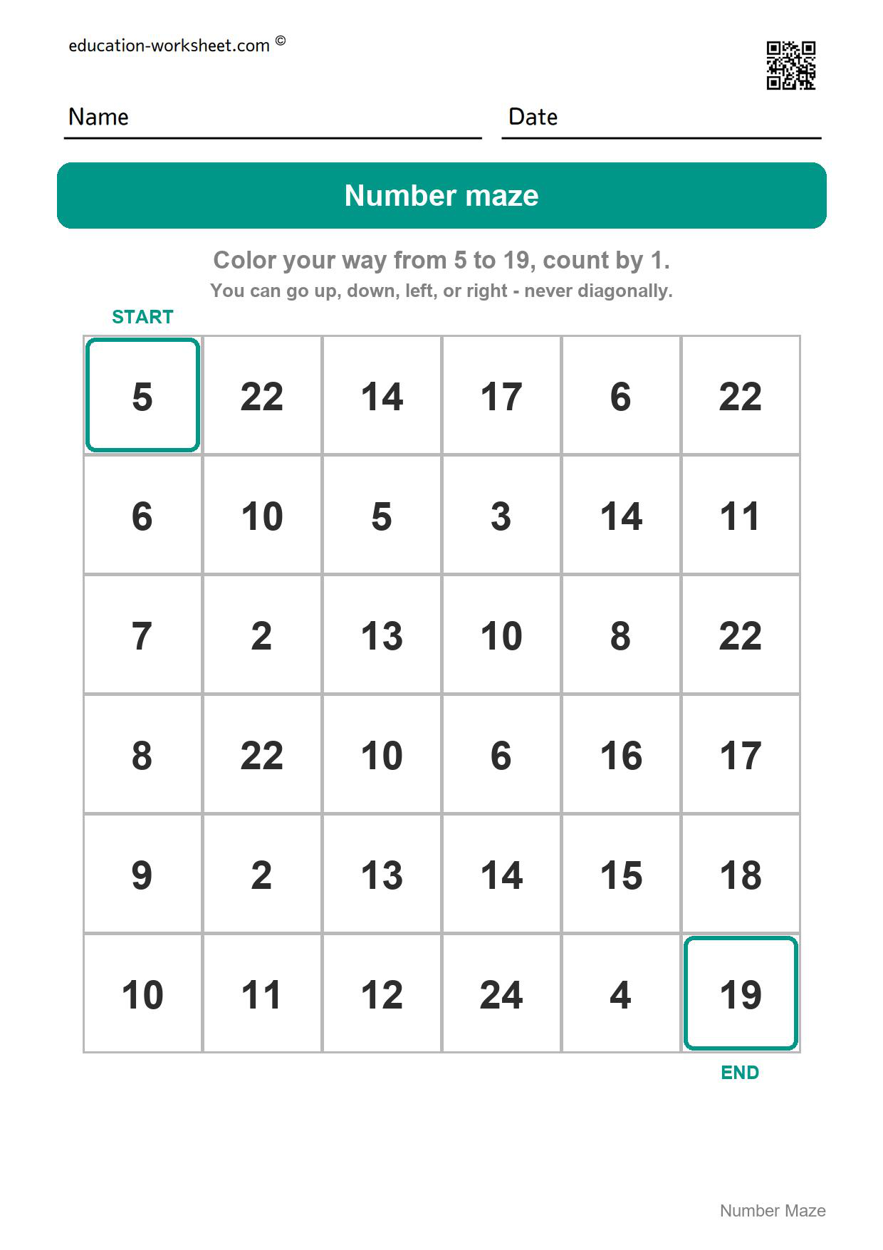 Number maze - 5 to 19 (count by 1) - Free Number Maze Worksheets for Kindergarten - Count and Skip Count