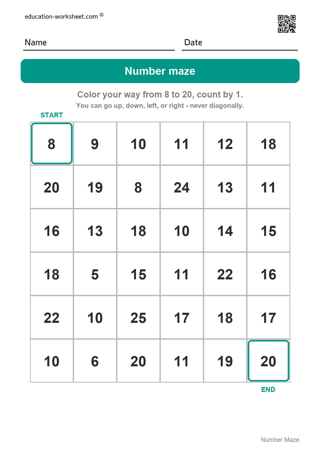 Number maze - 8 to 20 (count by 1) - Free Number Maze Worksheets for Kindergarten - Count and Skip Count