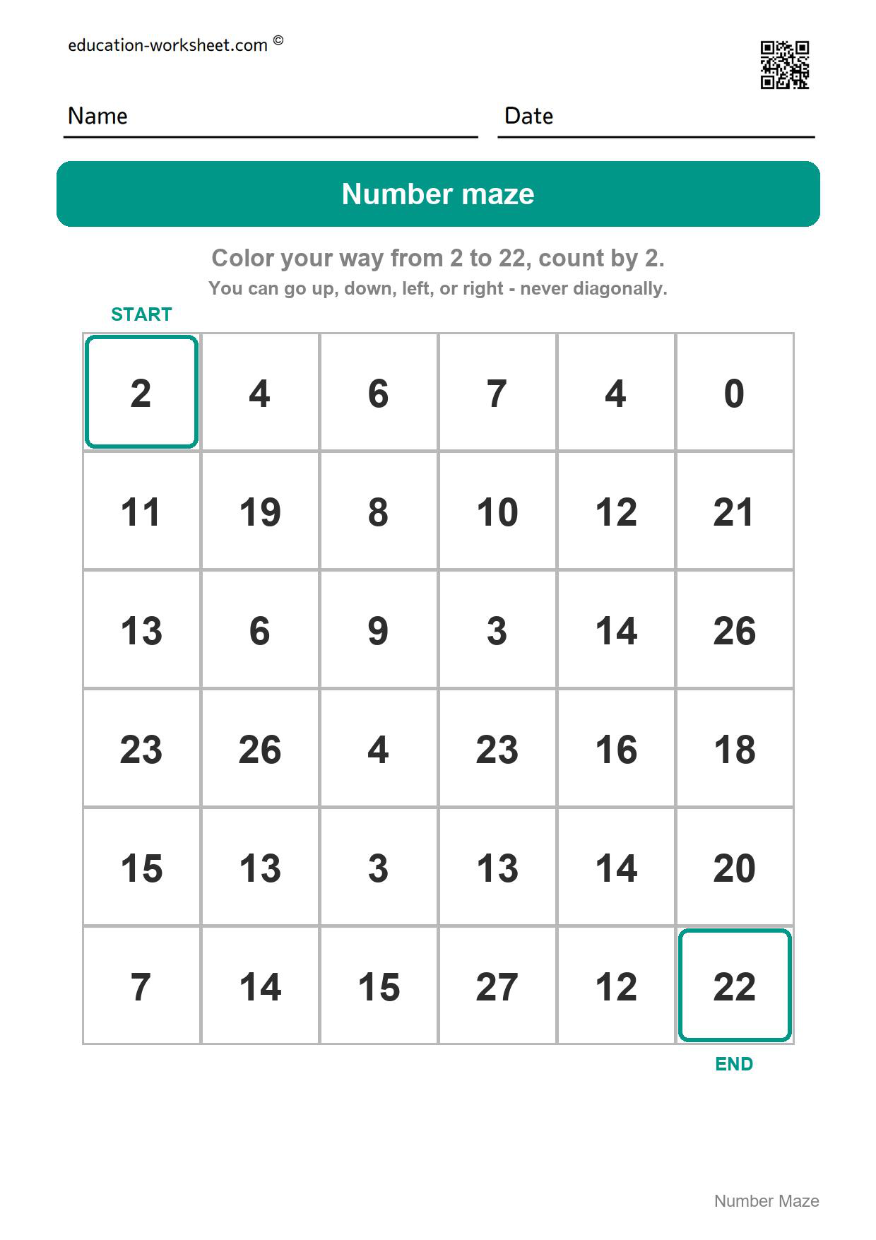 Number maze - 2 to 22 (count by 2) - Free Number Maze Worksheets for Kindergarten - Count and Skip Count