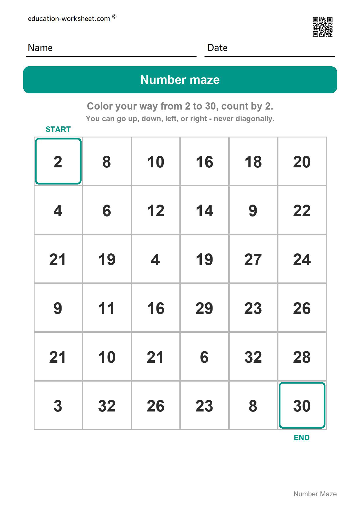 Number maze - 2 to 30 (count by 2) - Free Number Maze Worksheets for Kindergarten - Count and Skip Count