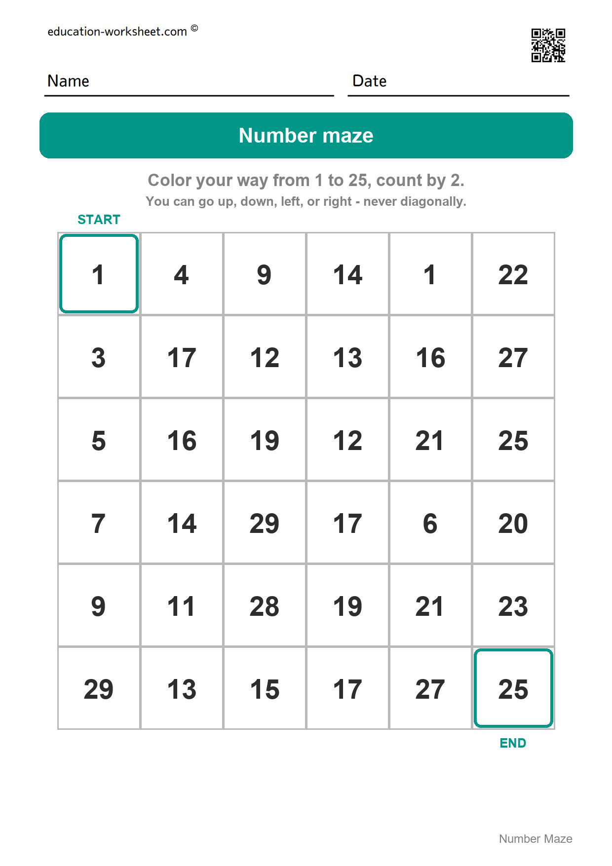 Number maze - 1 to 25 (count by 2) - Free Number Maze Worksheets for Kindergarten - Count and Skip Count