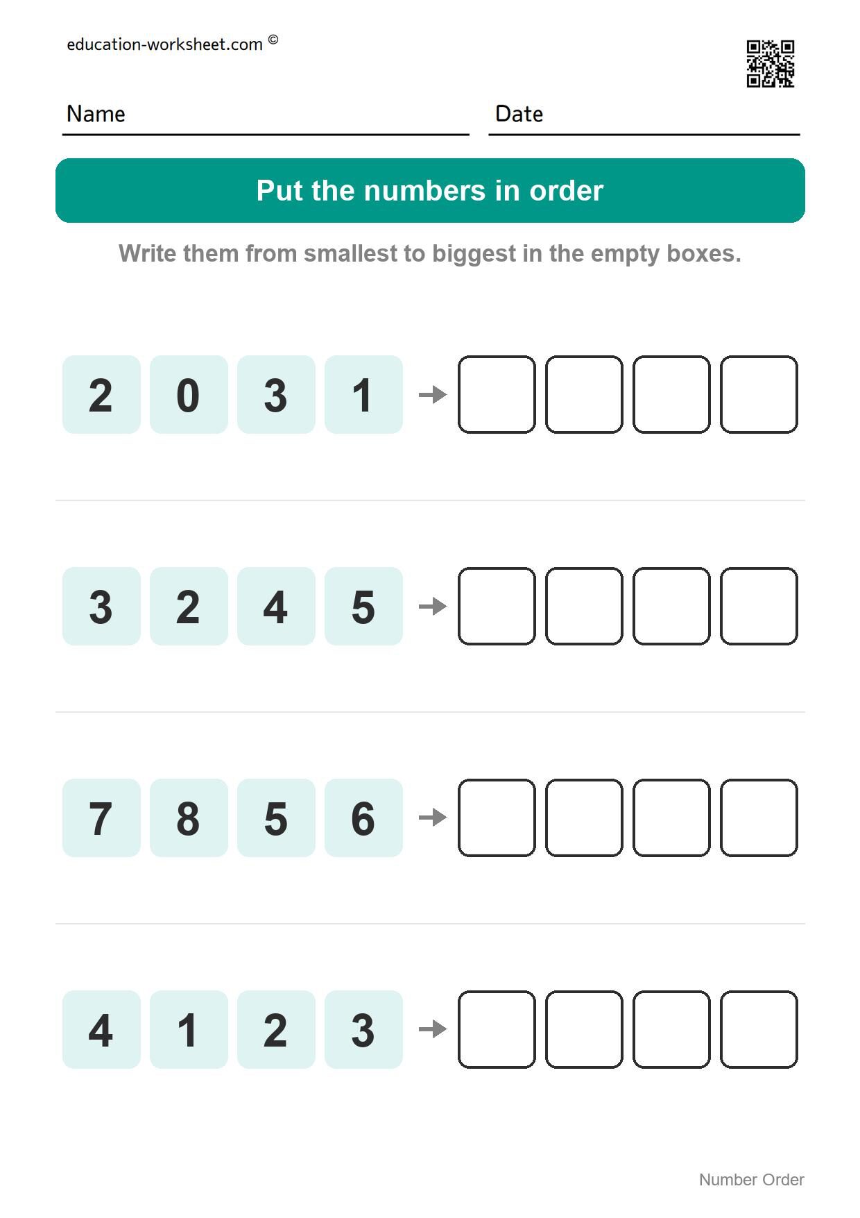 Number order - smallest to biggest (Set 1) - Free Number Order Worksheets for Kindergarten - Ordering Numbers 1 to 20