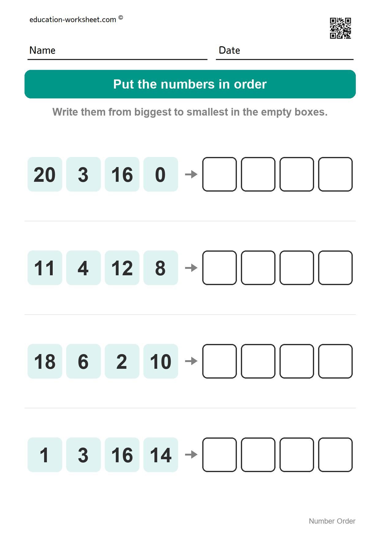 Number order - biggest to smallest (Set 10) - Free Number Order Worksheets for Kindergarten - Ordering Numbers 1 to 20