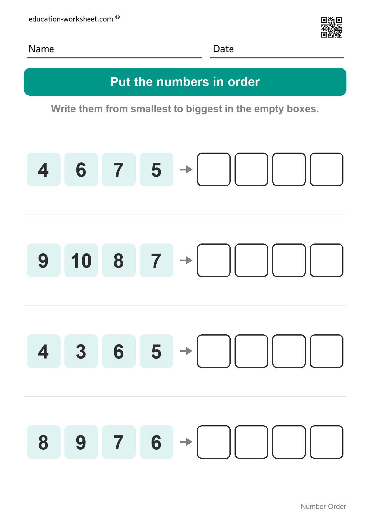Number order - smallest to biggest (Set 2) - Free Number Order Worksheets for Kindergarten - Ordering Numbers 1 to 20