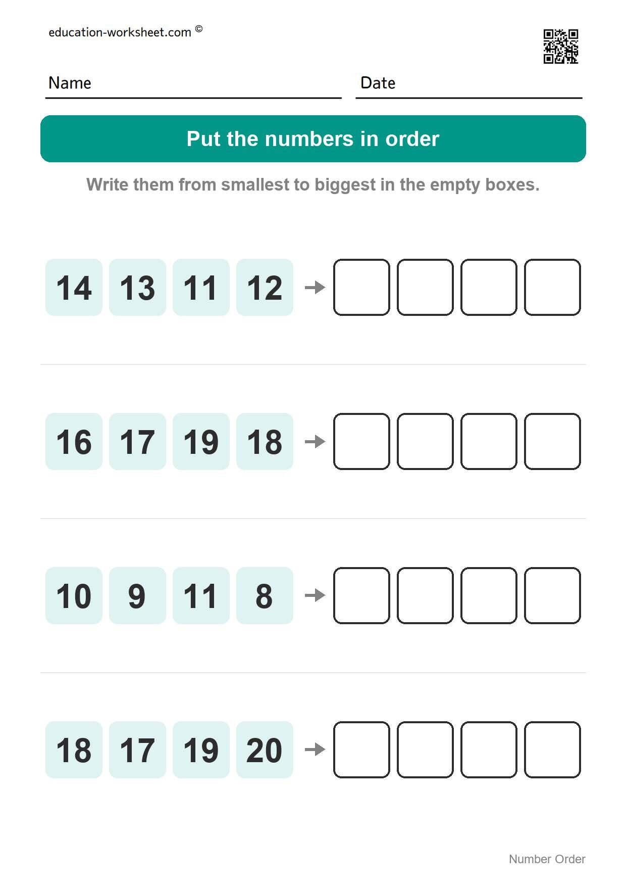 Number order - smallest to biggest (Set 3) - Free Number Order Worksheets for Kindergarten - Ordering Numbers 1 to 20