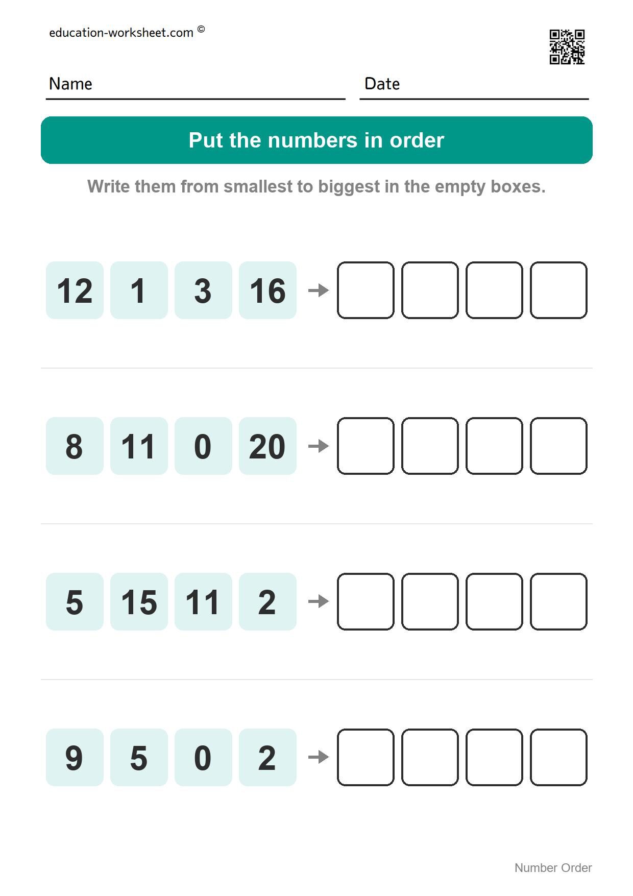 Number order - smallest to biggest (Set 4) - Free Number Order Worksheets for Kindergarten - Ordering Numbers 1 to 20